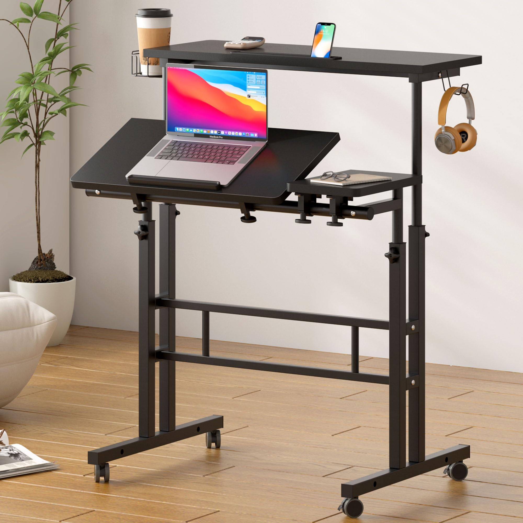 SogesPower Adjustable Laptop Stand for Bed & Sofa - 2-Tier Mobile Standing Desk with Cup Holder & Hooks - Portable Computer Table for Home Office, Dorm Room & Small Spaces (Black)