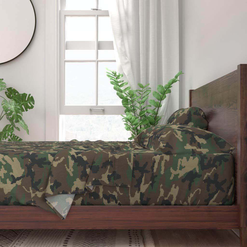 100% Cotton Twin Sheet Set 3pc - Digital Woodland Camo Print Custom Bedding | Soft Breathable Sheets for Kids & Adults Bedroom Decor