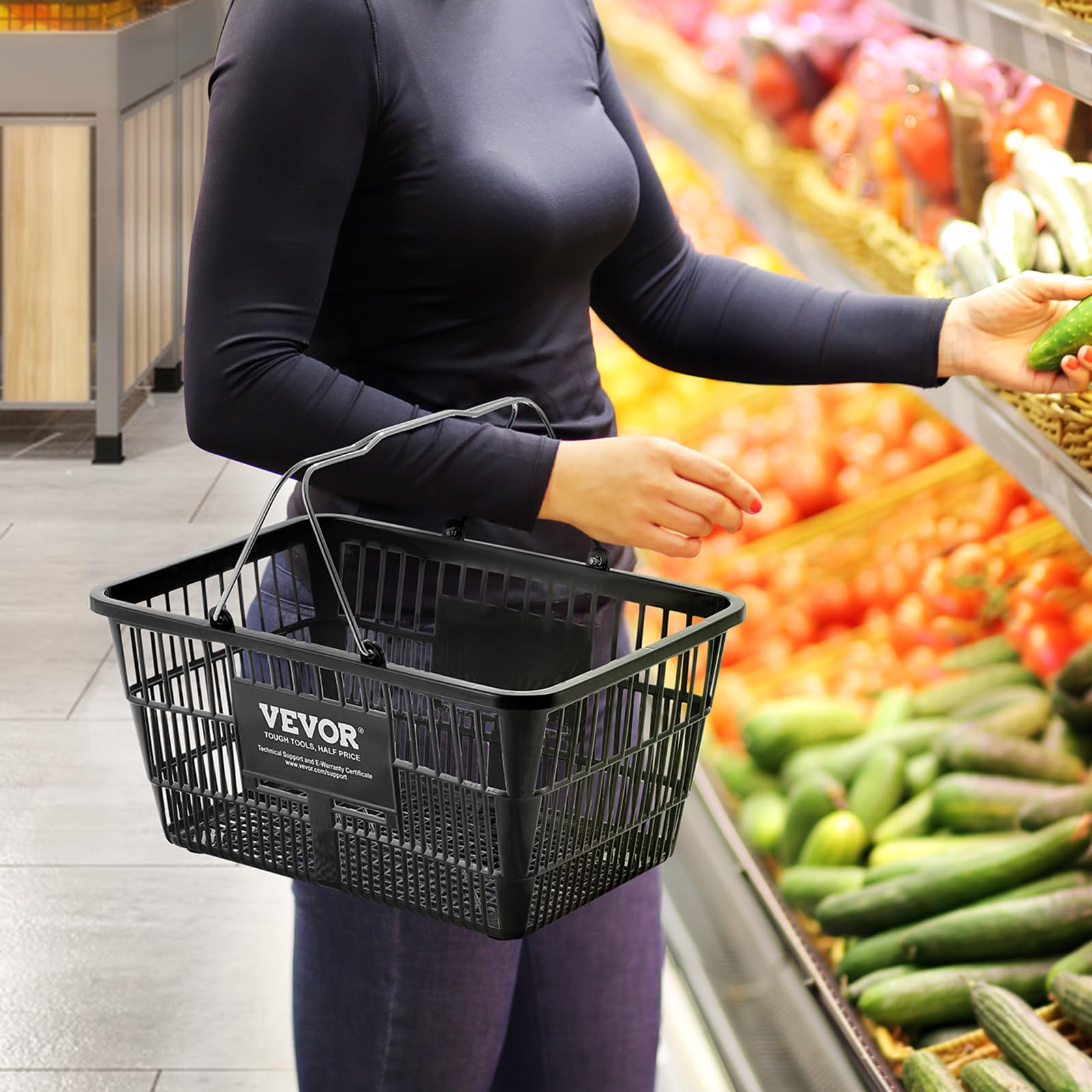 VEVOR 12-Pack 21L Durable Plastic Shopping Baskets with Metal Handles & Stand - 16.73 x 12.01 x 8.58 Inch Portable Grocery Baskets for Retail Stores, Supermarkets & Shopping - Perfect for Quick Checkouts & Organized Displays (Black)