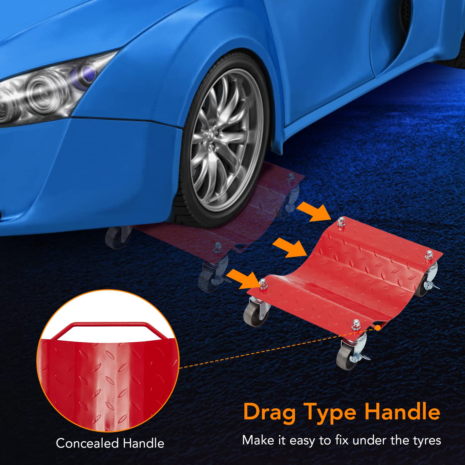 4-Pack Heavy Duty Wheel Dolly Set for Moving Cars, Trucks & Trailers - Red Car Dollies with Nylon Wheels | Garage Storage, Auto Repair & Vehicle Transportation Accessories