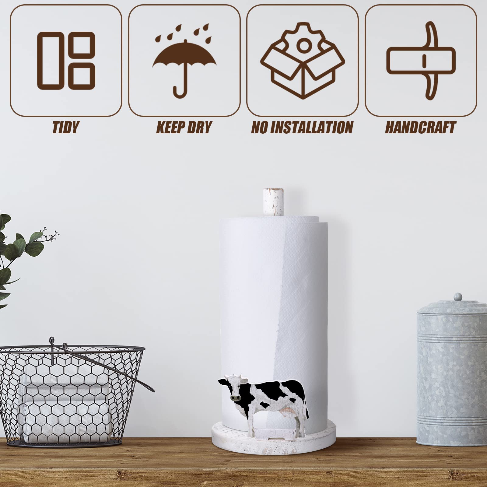 Farmhouse Cow Paper Towel Holder - Rustic Wooden Kitchen & Bathroom Countertop Organizer - Farmhouse Decor for Kitchen, Bathroom, or Dining Room - Perfect Housewarming Gift for Cow Lovers