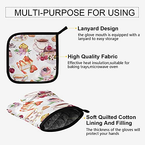 Heat Resistant Oven Mitts and Pot Holder Set - Floral Coffee Cake Design, Strawberry Kitchen Decor for Baking, Grilling & BBQ - Perfect for Summer Tea Parties and Cooking