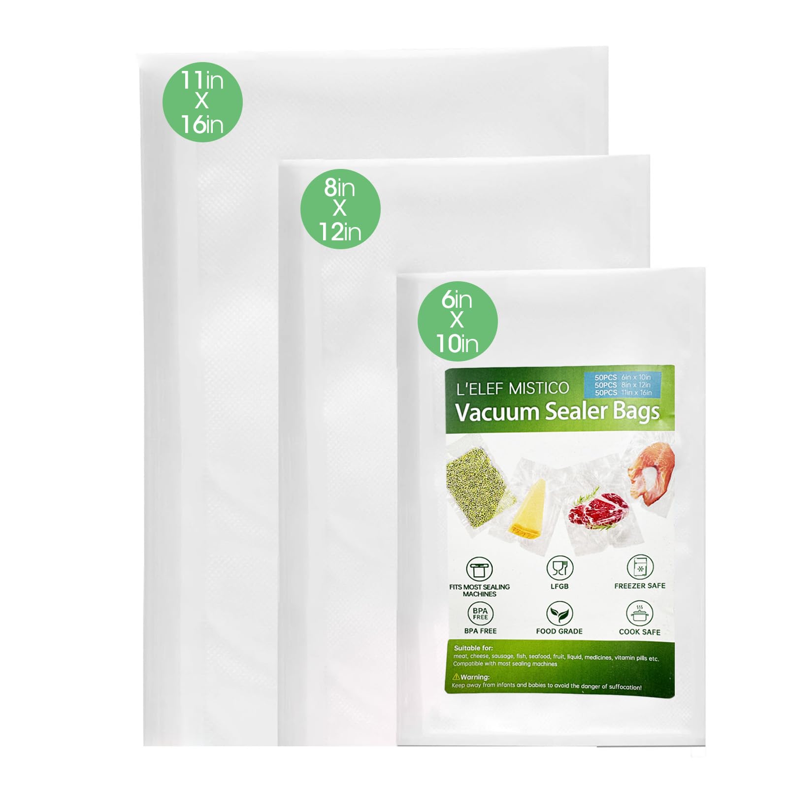 L'ELEF MISTICO Vacuum Sealer Bags - 150 Count BPA Free Heavy Duty Food Storage Bags for Sous Vide, Meal Prep & Freezer (11