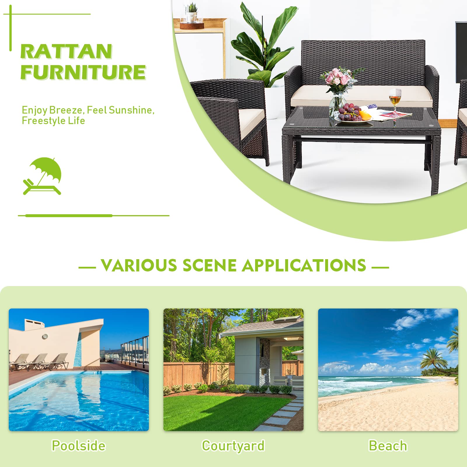 RELAX4LIFE 4-Piece Outdoor Patio Furniture Set with Cushions - Wicker Conversation Set Includes 2 Chairs, Loveseat & Tempered Glass Coffee Table - White Garden Furniture for Backyard, Porch, Poolside & Outdoor Entertaining