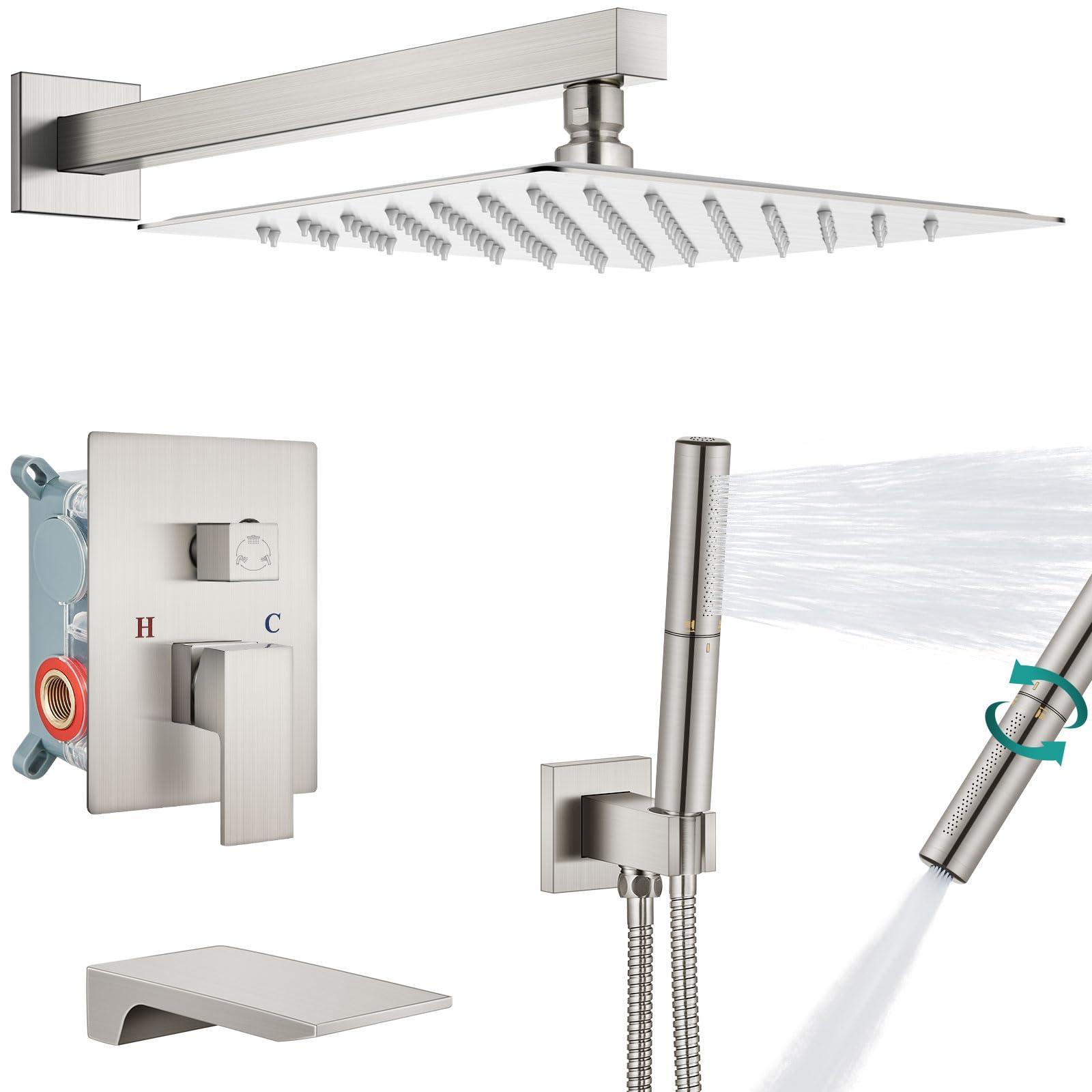 **Aolemi 12-Inch Brushed Nickel Shower System - Wall Mounted Tub Faucet Set with Rain Shower Head & 2-in-1 Handheld Shower Combo, Trim Kit & Rough-in Valve - Perfect for Bathroom Renovation & Luxury Spa Experience**