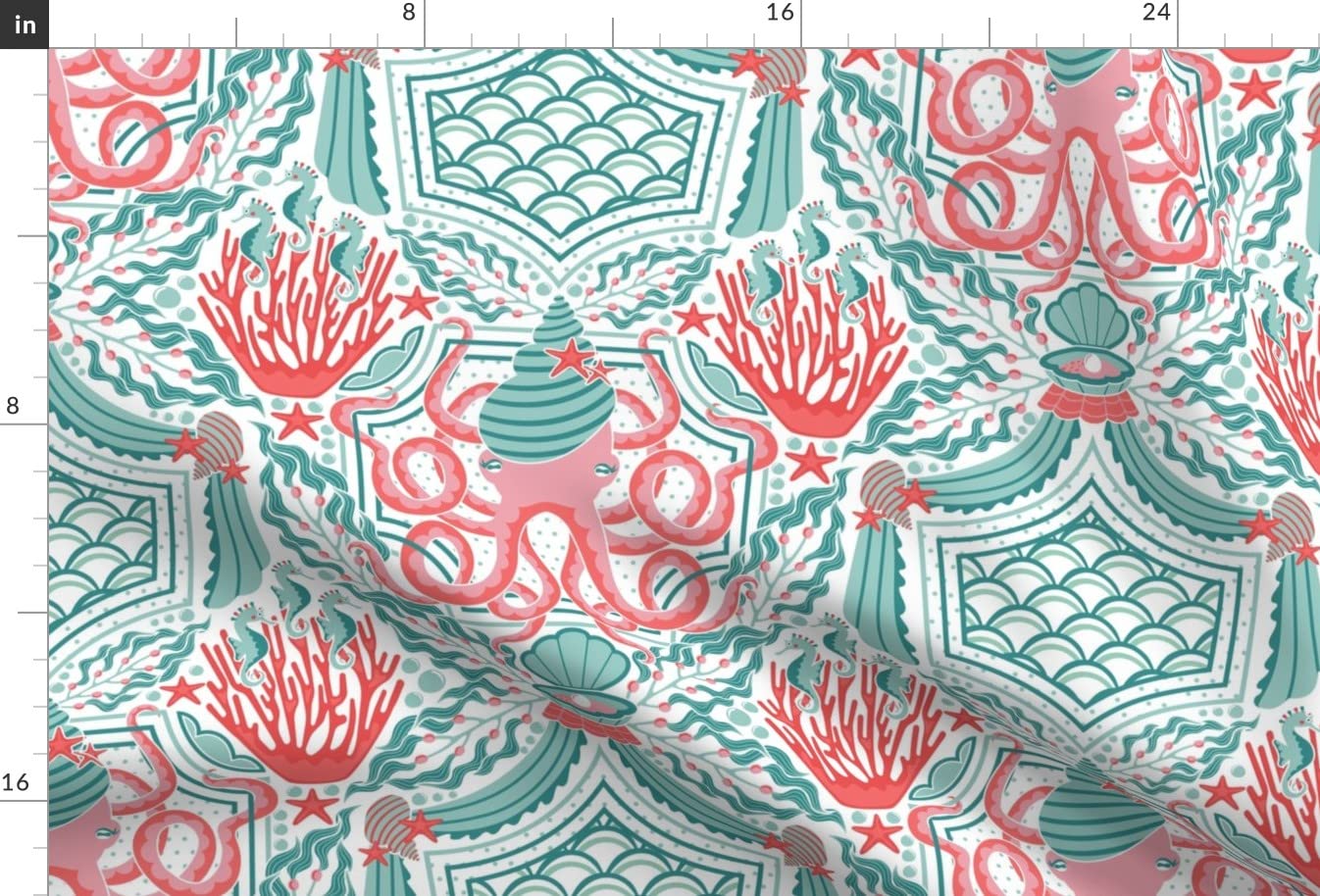 Eat Kelp Large Pink Teal Red Retro Beach Damask Seaweed Printed Minky Fabric by The Yard - Soft Plush Material for Sewing Baby Blankets, Quilt Backing & DIY Projects - Perfect for Nursery Decor, Coastal Themed Bedding & Beach House Accessories