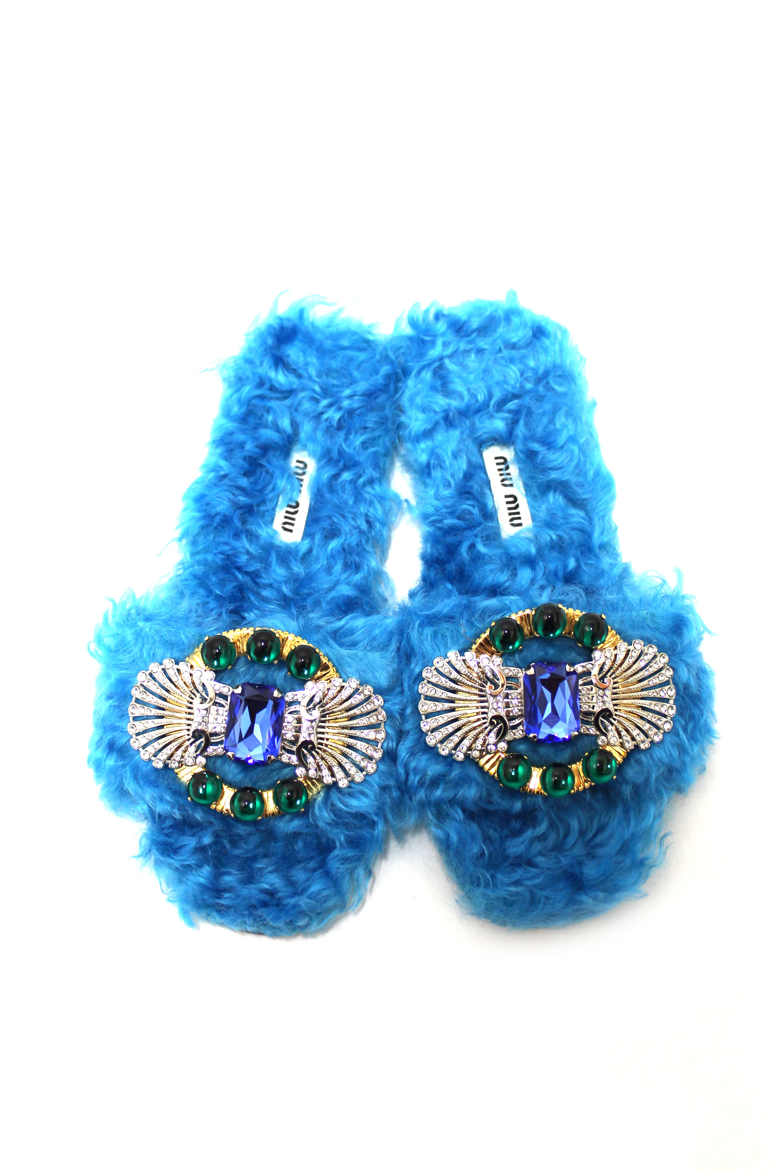 Authentic Miu Miu Women's Flat Sandals - Teal Turquoise Blue Genuine Shearling Fur with Rhinestones Size 35 | Comfortable Summer Beach Wedding Party Shoes