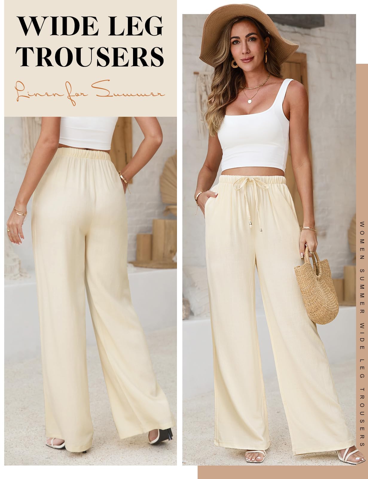 Women's Linen Pants - Casual Wide Leg Palazzo Pants for Summer, Loose Flowy Beach Trousers with Drawstring Elastic Waist | Perfect for Vacation, Yoga, and Boho Style Outfits