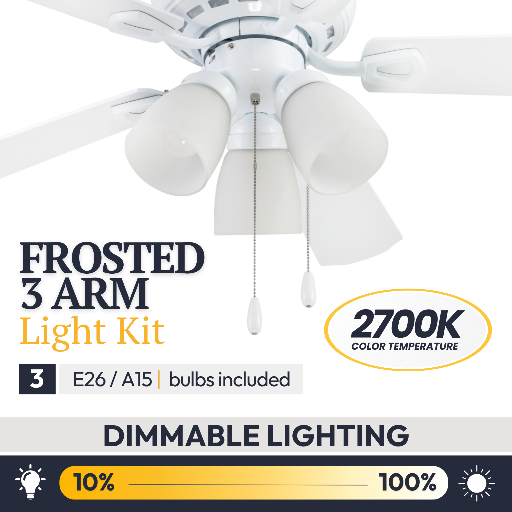 44 Inch White Miller Park Ceiling Fan with Pull Chain - Perfect for Living Room, Bedroom, and Office Cooling