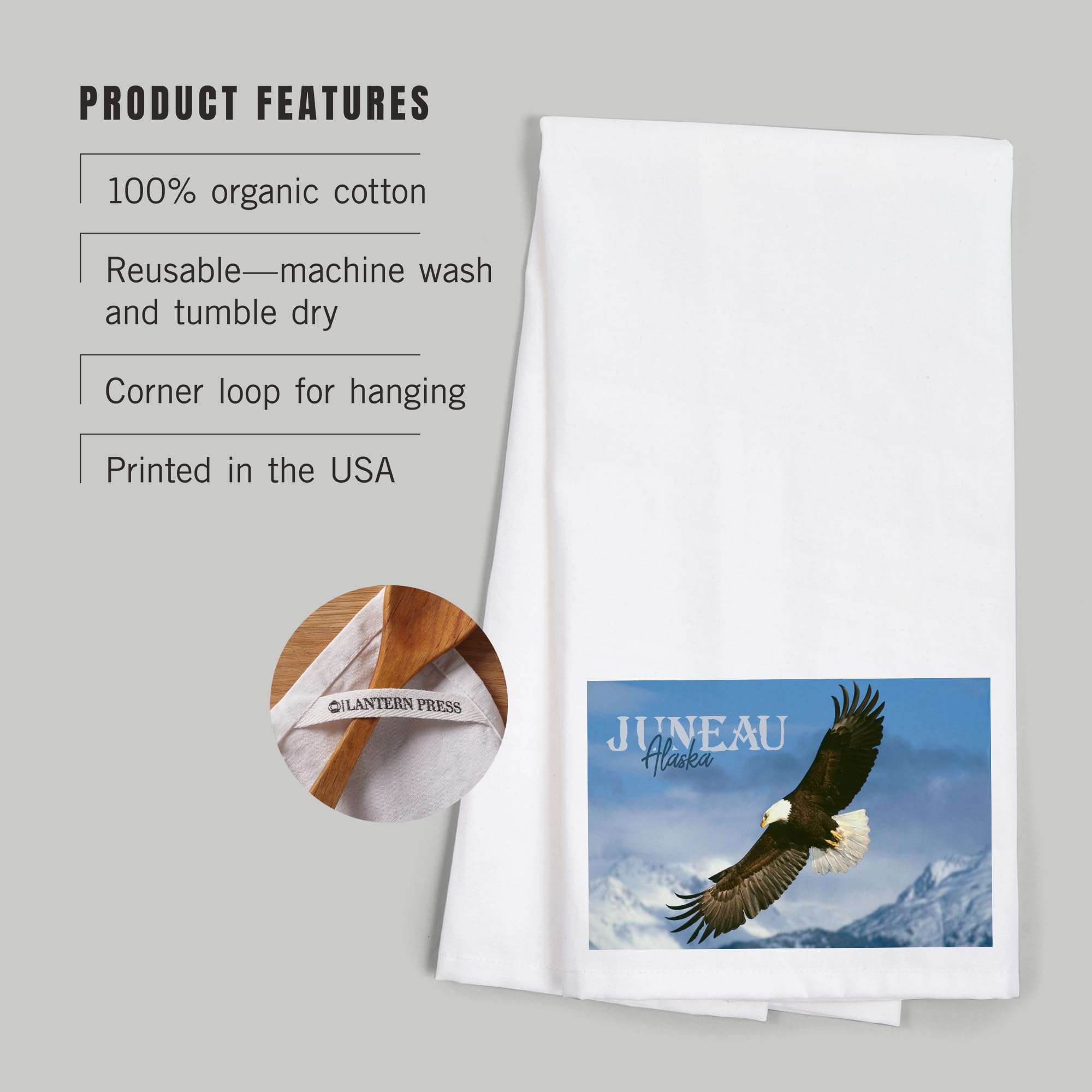 Lantern Press Juneau Alaska Eagle Soaring 100% Cotton Tea Towel - Decorative Hand Towel for Kitchen, Home Decor & Gifts - Perfect for Dish Drying, Wall Art & Cozy Cabin Decor