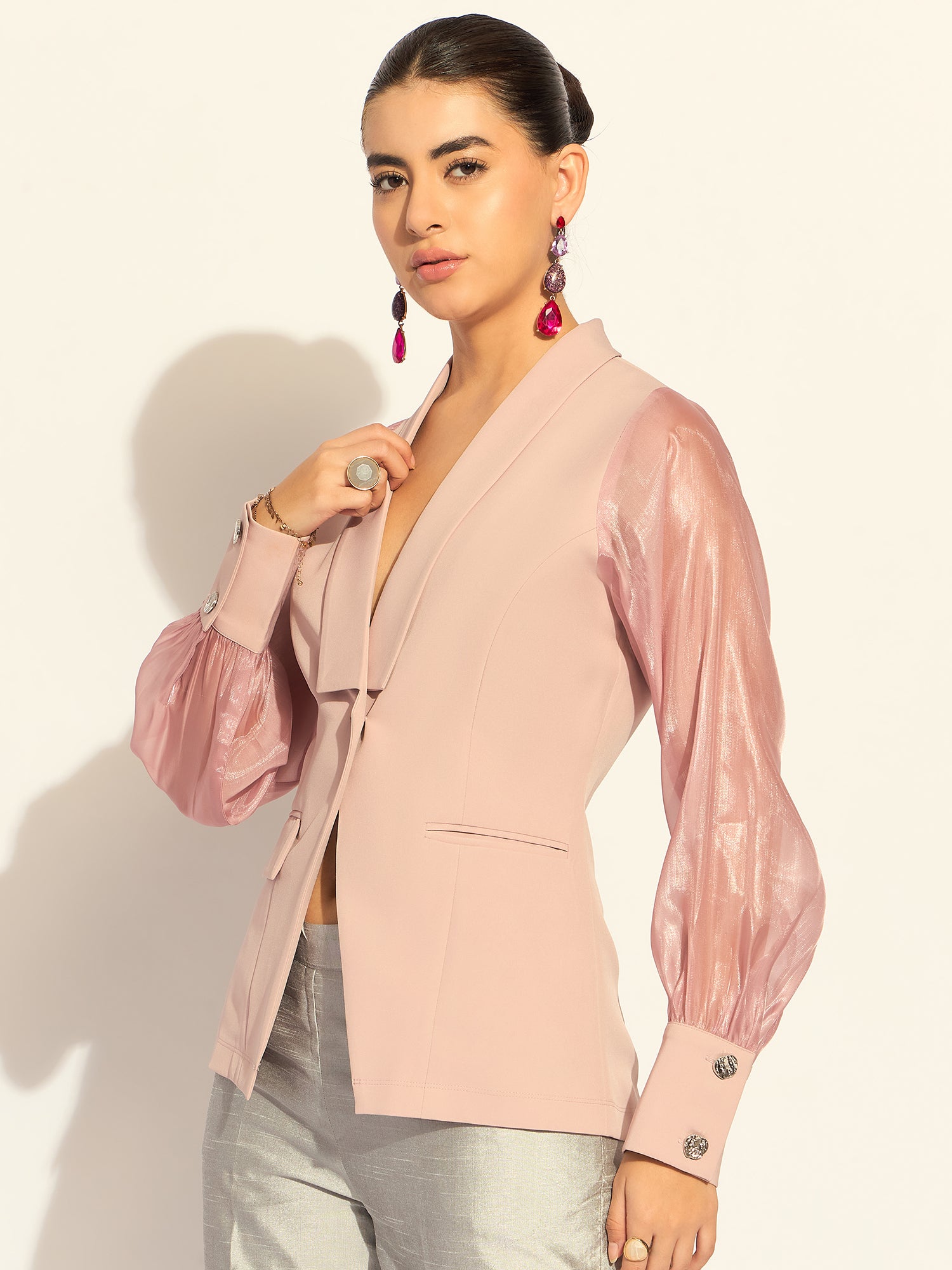 Stylish Pink Puffed Sleeves Split Joint Lapel Blouse - Stretchy Comfort Fit - Perfect for Office Wear, Date Nights & Casual Outings