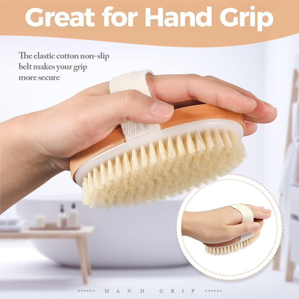 MustHome Natural Bristle Dry Brushing Body Brush - Exfoliating Scrubber for Bathing & Dead Skin Removal - Brown Wooden Handle for Spa, Shower & Self-Care Routine