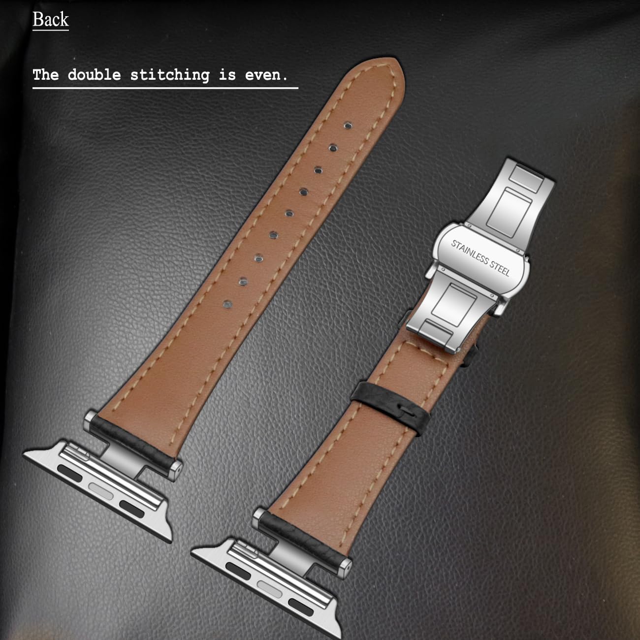 Premium Genuine Leather Watch Band with Butterfly Clasp for Apple Watch Series 1-9 (38mm/40mm/41mm/42mm/44mm/45mm/49mm) - Stylish I-Shaped Strap with Polished Metal Buckle - Perfect for Women's Fashion Accessories, Office Wear & Everyday Use