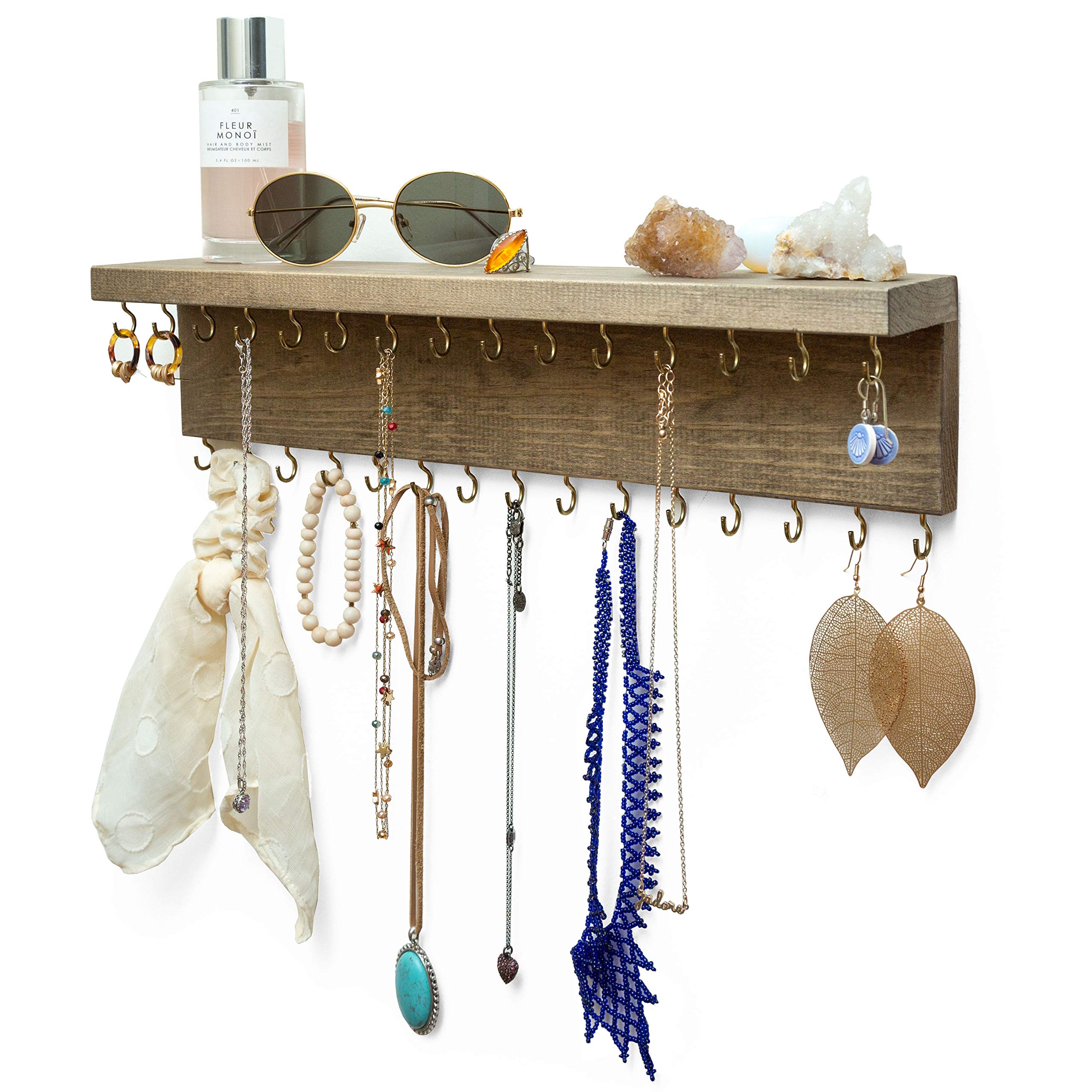 Rustic Wall Mounted Jewelry Organizer Shelf - Brown Wooden Hanger for Necklaces, Earrings & Bracelets with Hooks | Perfect for Bedroom, Bathroom & Closet Organization