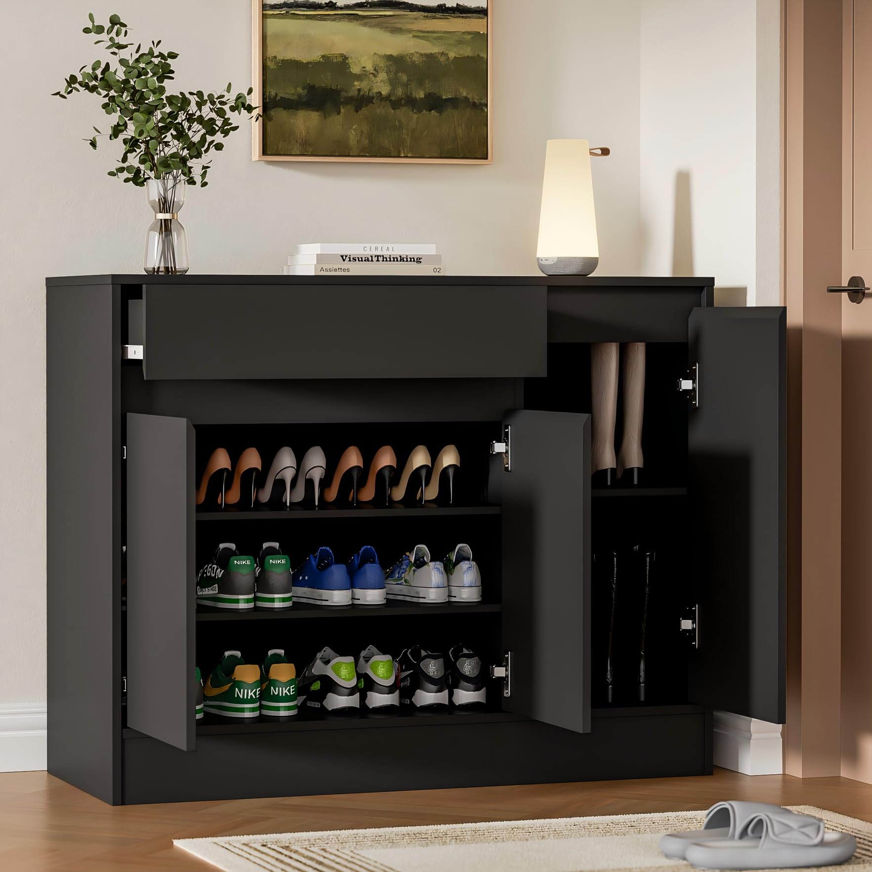 3-Door Wooden Shoe Cabinet with Drawer & Adjustable Shelves - Freestanding Shoe Storage Organizer for Entryway, Hallway, Living Room - Black (Perfect for Small Spaces & Home Organization)
