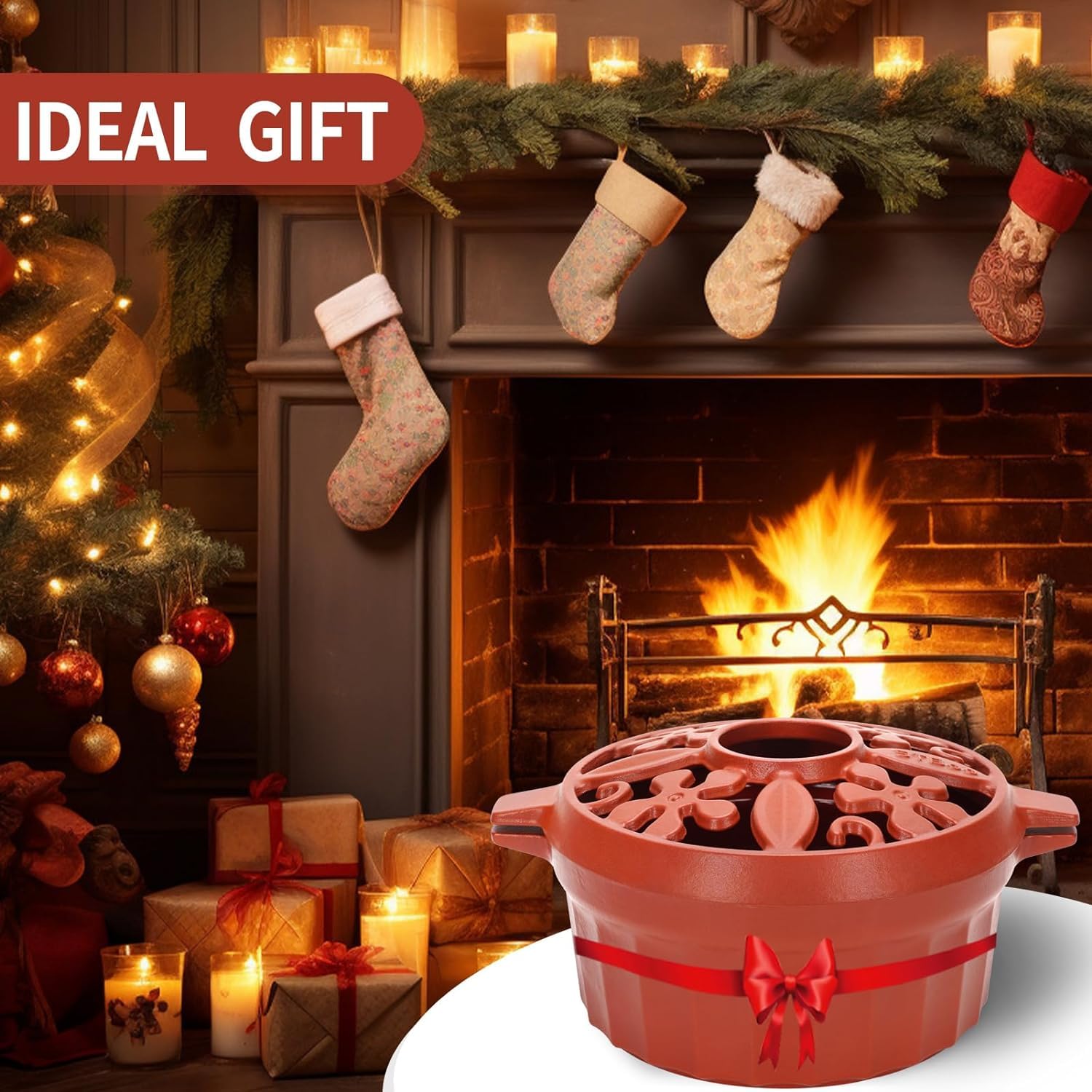 Premium STBoo Cast Iron Wood Stove Steamer - 2.7 Quart Rust-Resistant Fireplace Humidifier with Matte Finish | Indoor Heating Pot for Home & Cabin | Decorative Round Bowl Stove Cover Accessories in Classic Red | Perfect for Winter Dry Air Relief & Cozy Fireplace Ambiance