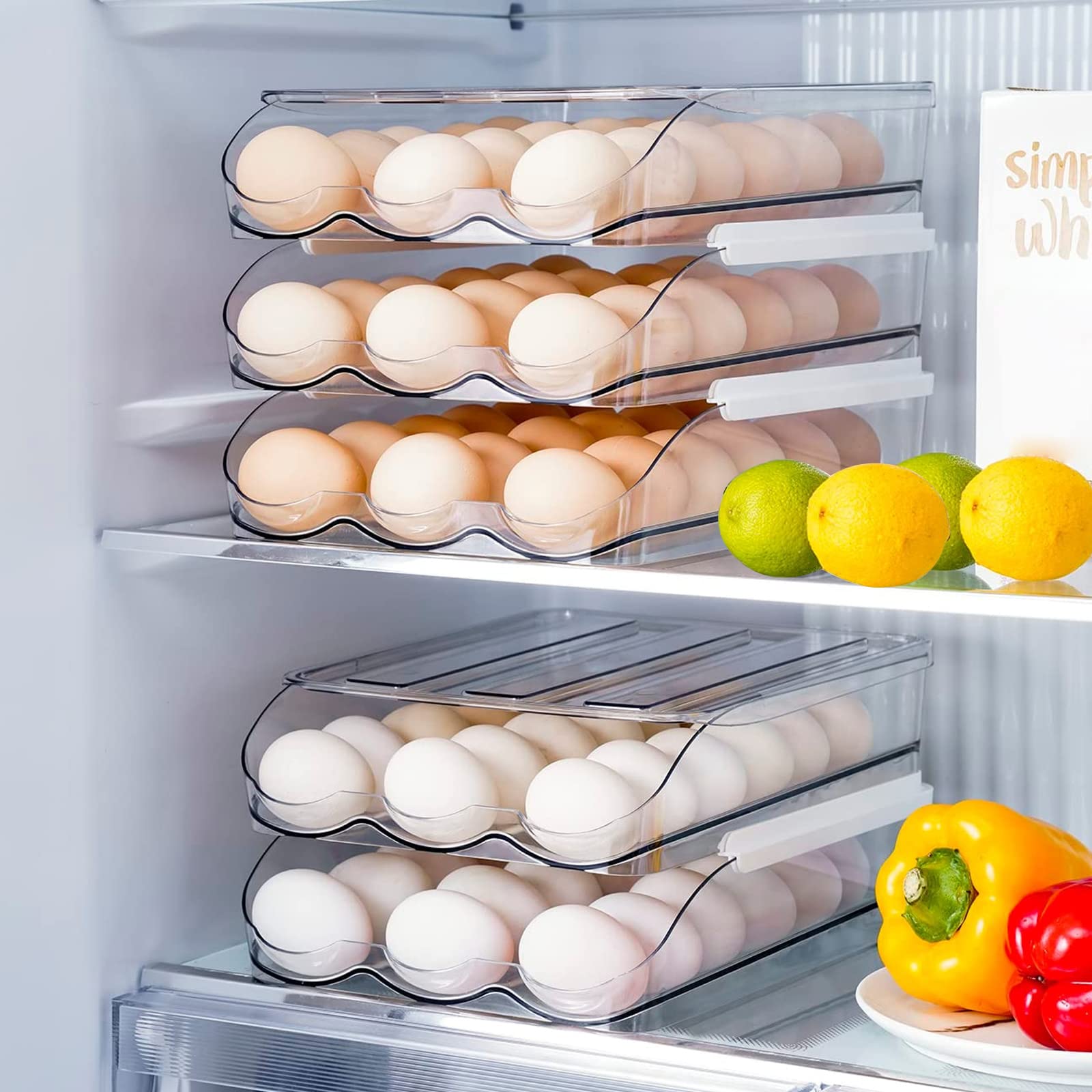 Auto Rolling Egg Storage Container for Fridge - 2 Layer Kitchen Organizer with Lids | Perfect for Fresh Egg Storage, Space Saving Fridge Organization & Easy Access in Breakfast Cooking