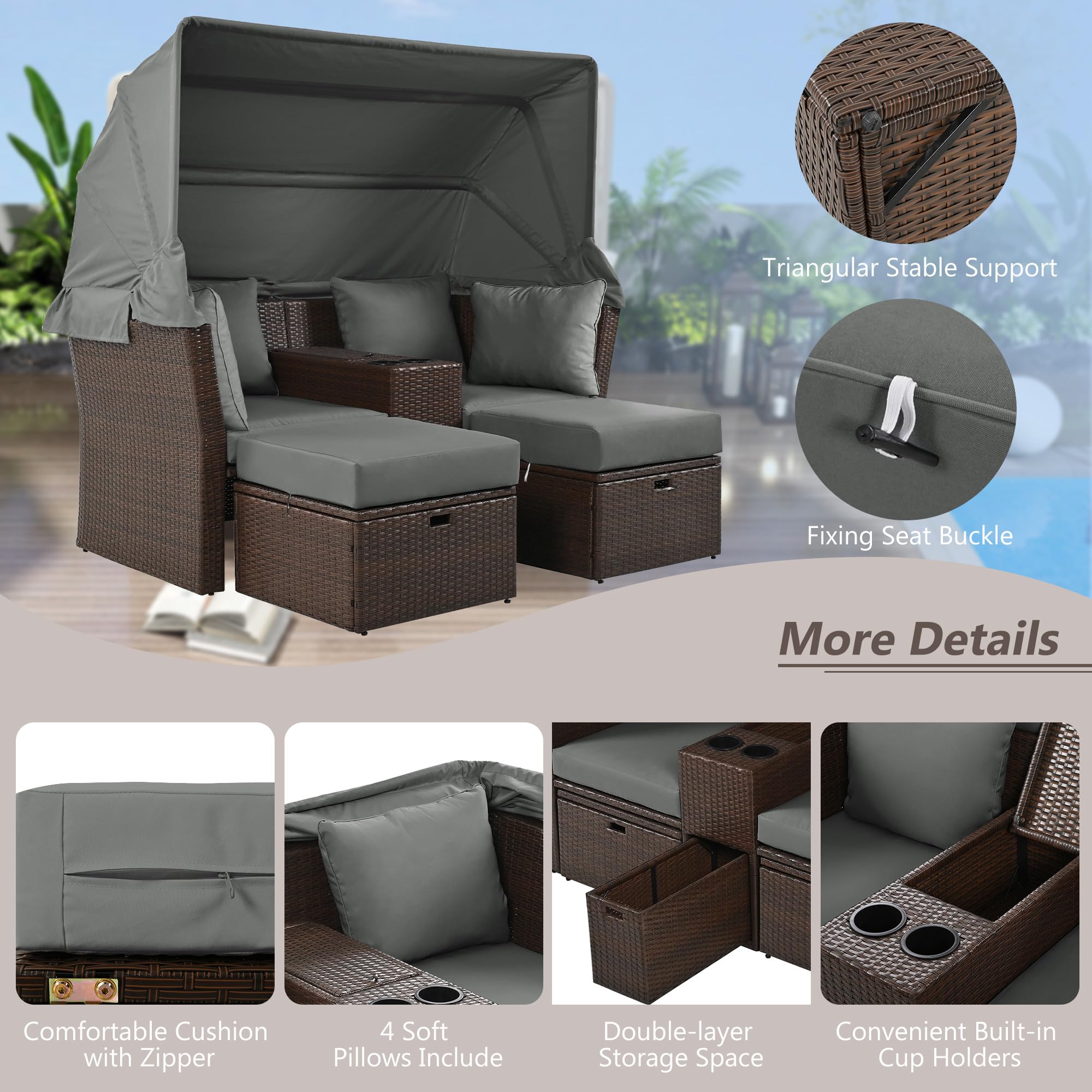 P PURLOVE Outdoor Loveseat Chaise Lounge with Canopy - 2-Seater Patio Double Daybed with Foldable Awning & Cushions - Water-Resistant Grey Outdoor Sofa Set for Garden, Backyard, Poolside & Patio Relaxation