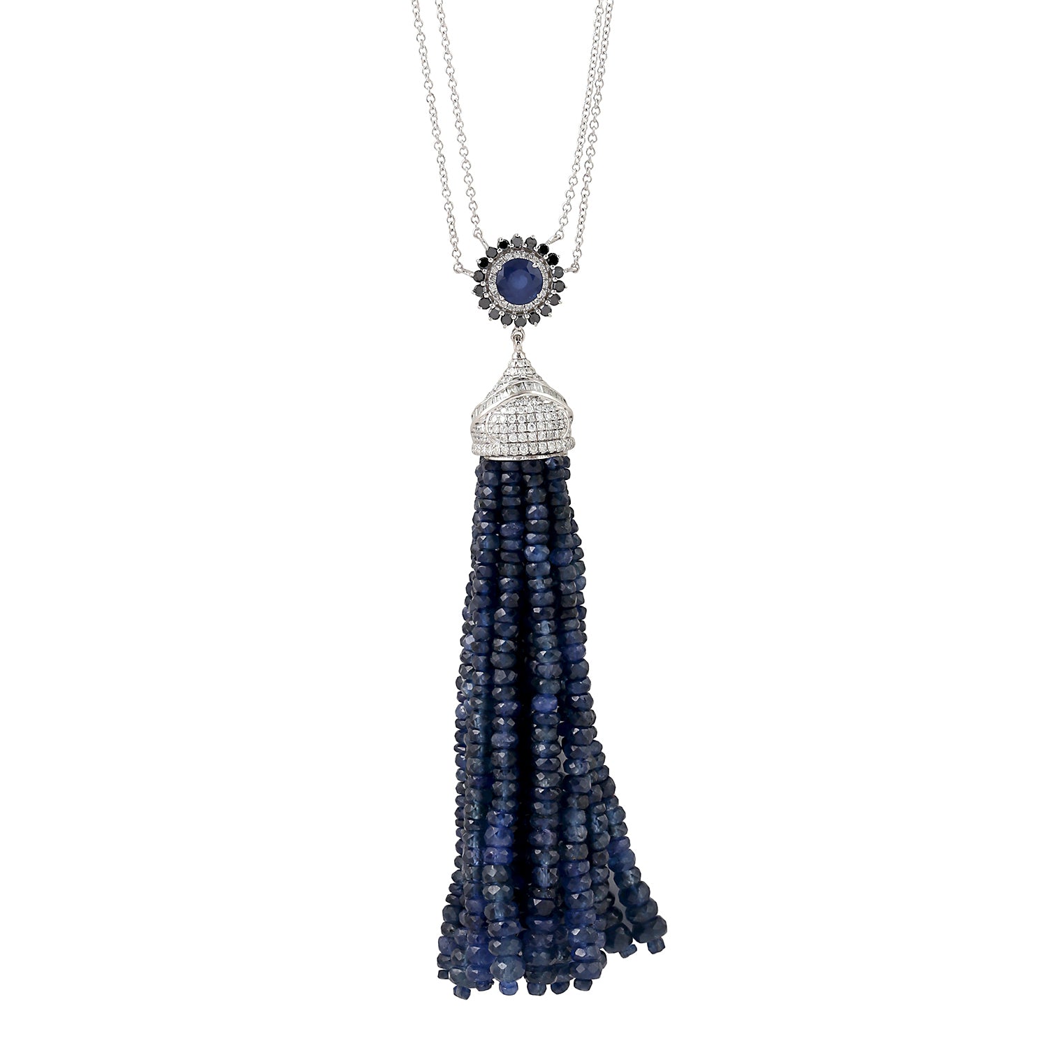 Faceted Blue Sapphire Beads with Pave Diamond Tassel Opera Necklace in 14K White Gold - Elegant Evening Wear & Special Occasion Jewelry
