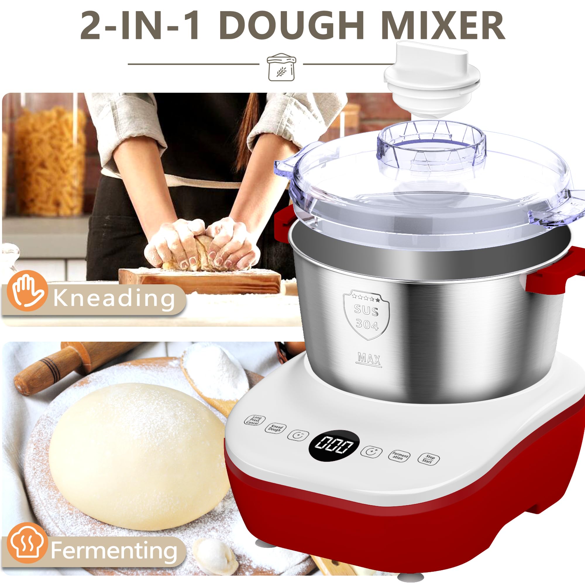Commercial Electric Dough Mixer with Ferment Function - 7L (7.3QT) Stainless Steel Dough Maker with Microcomputer Timer - Perfect for Pizza, Bread, Baking & Christmas Gifts - Ideal for Home Bakeries, Restaurants & Holiday Cooking