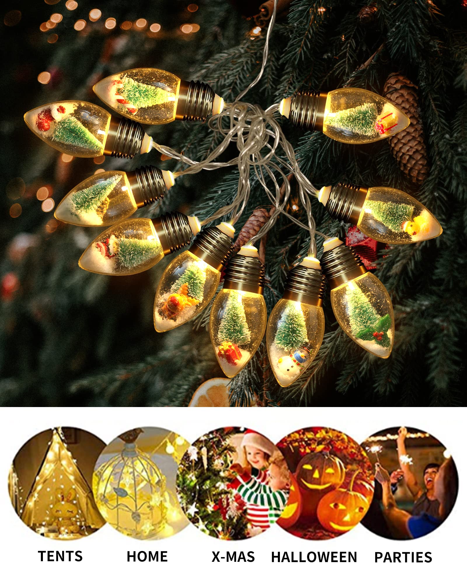 6.6ft Christmas Tree Snow Globe String Lights - 10 LED Globe Bulbs with Tree, Snow & Cute Ornaments for Indoor, Bedroom, Patio, Fireplace Decor | Perfect for Holiday, Xmas, Winter Home Decoration & Party Lighting