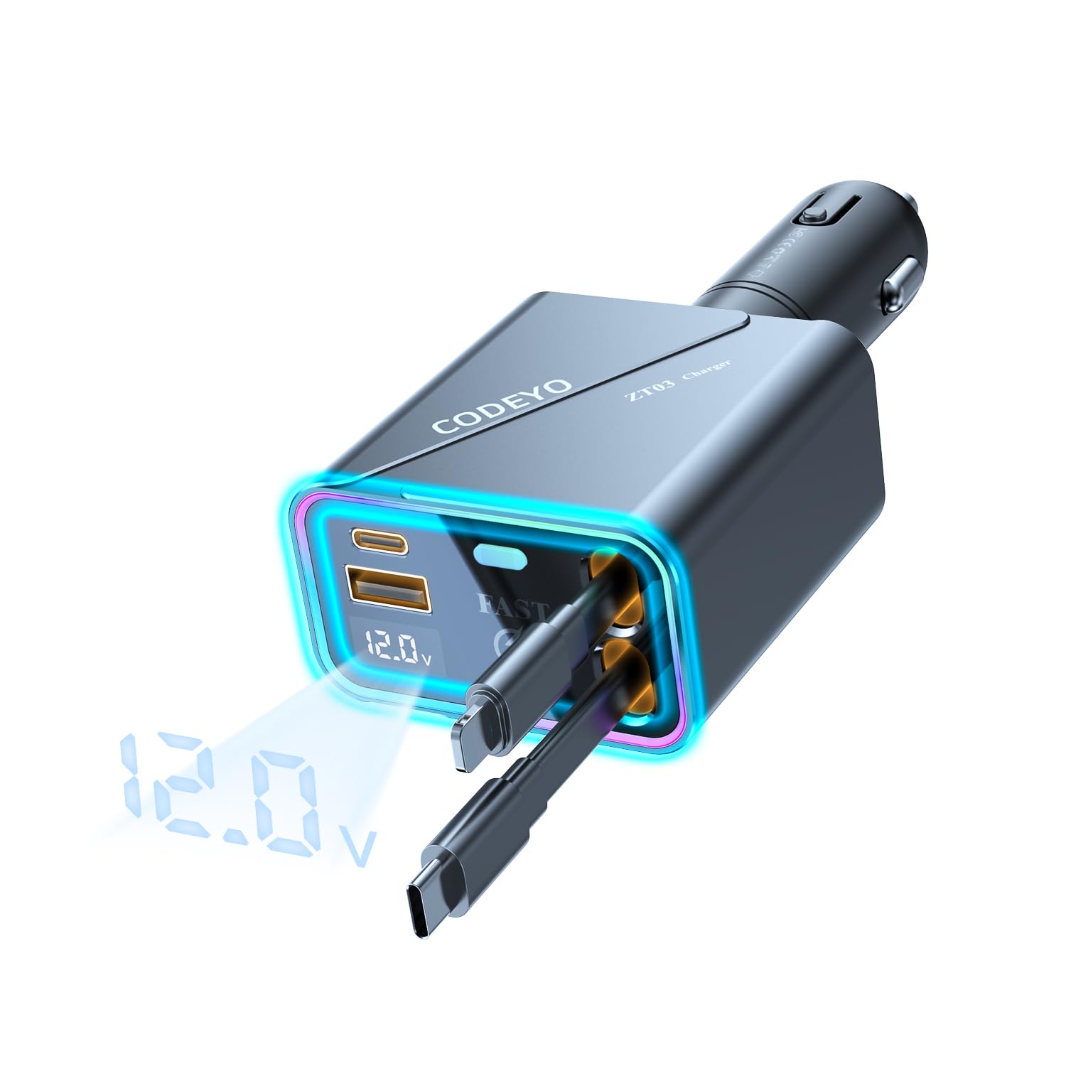 146W 4-in-1 Retractable Fast Car Charger with RGB Light & 2.9ft Cord - PD 65W & 30W USB-C Car Charger for iPhone 16/15/14/13/12, Android, Laptop (Gray) - Perfect for Road Trips, Commuting & Multi-Device Charging On-The-Go