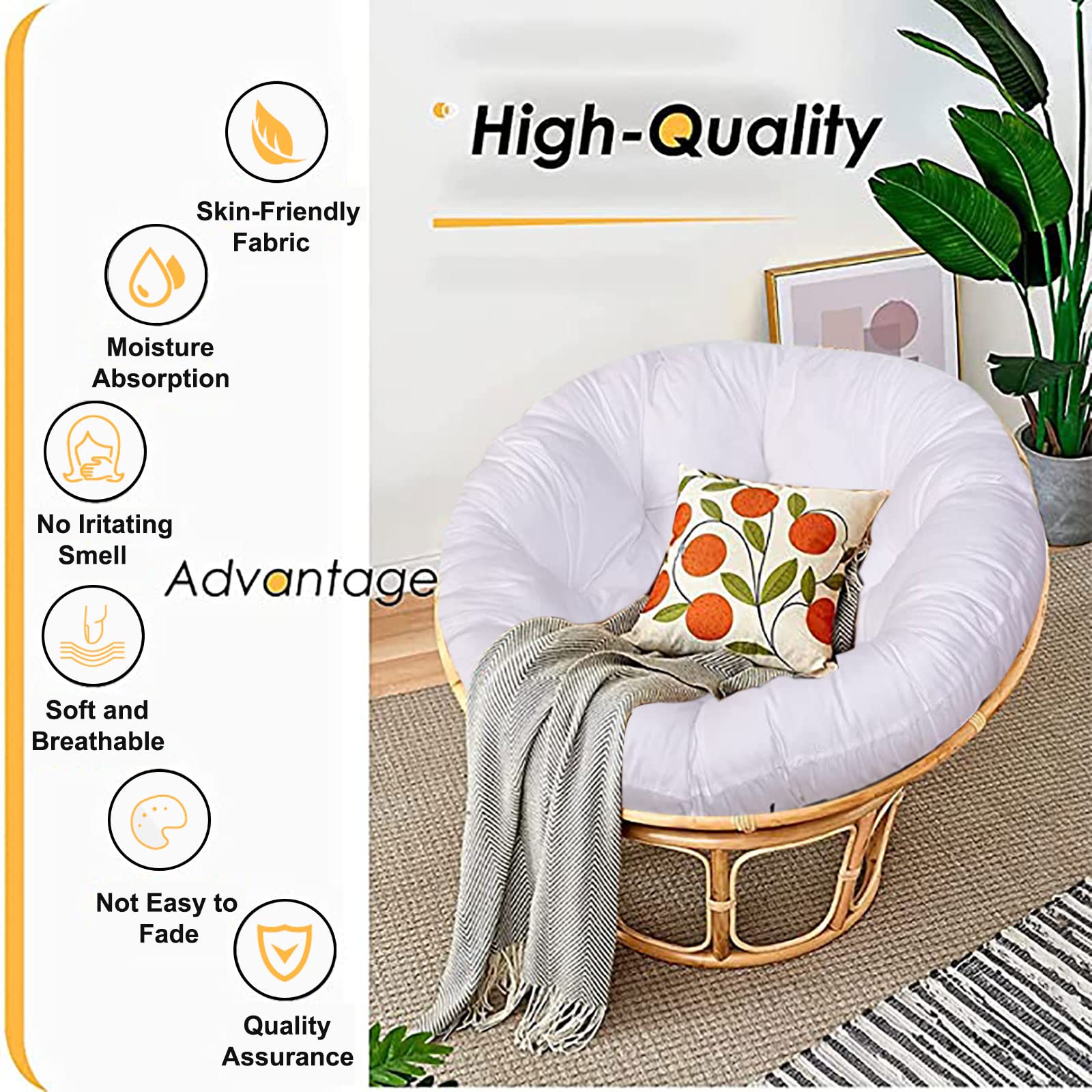 Premium SRHWBF Papasan Chair Cushion - Extra Thick 52x52 Inch Overstuffed Egg Chair Pad - Soft Rocking Chair Seat Cushion (White) - Perfect for Indoor/Outdoor Lounging, Reading Nooks & Cozy Relaxation