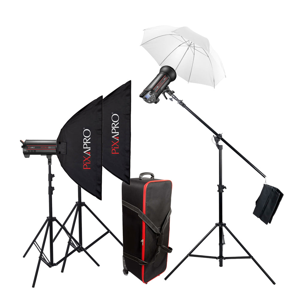 STORM1200III Professional Studio Flash Photography Light Kit with Three Boom Heads - Perfect for Film, Portrait & Product Photography (QT1200 III)