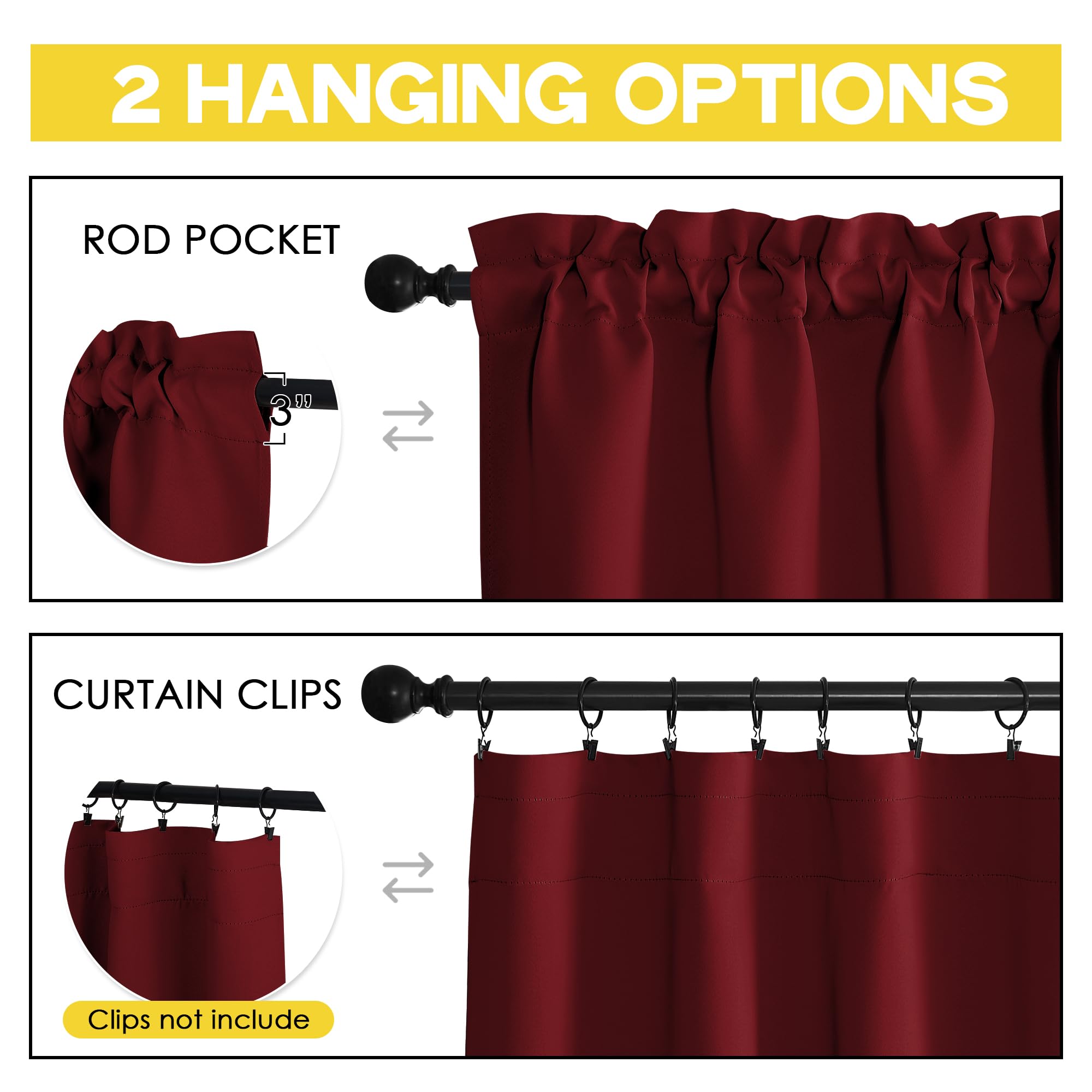 Burgundy Red 16-Inch Christmas Valance - Rod Pocket Blackout Window Curtain for Kitchen, Living Room, Bedroom & Bathroom - 42x16 Inch Single Panel - Perfect for Holiday Decor & Year-Round Home Decor