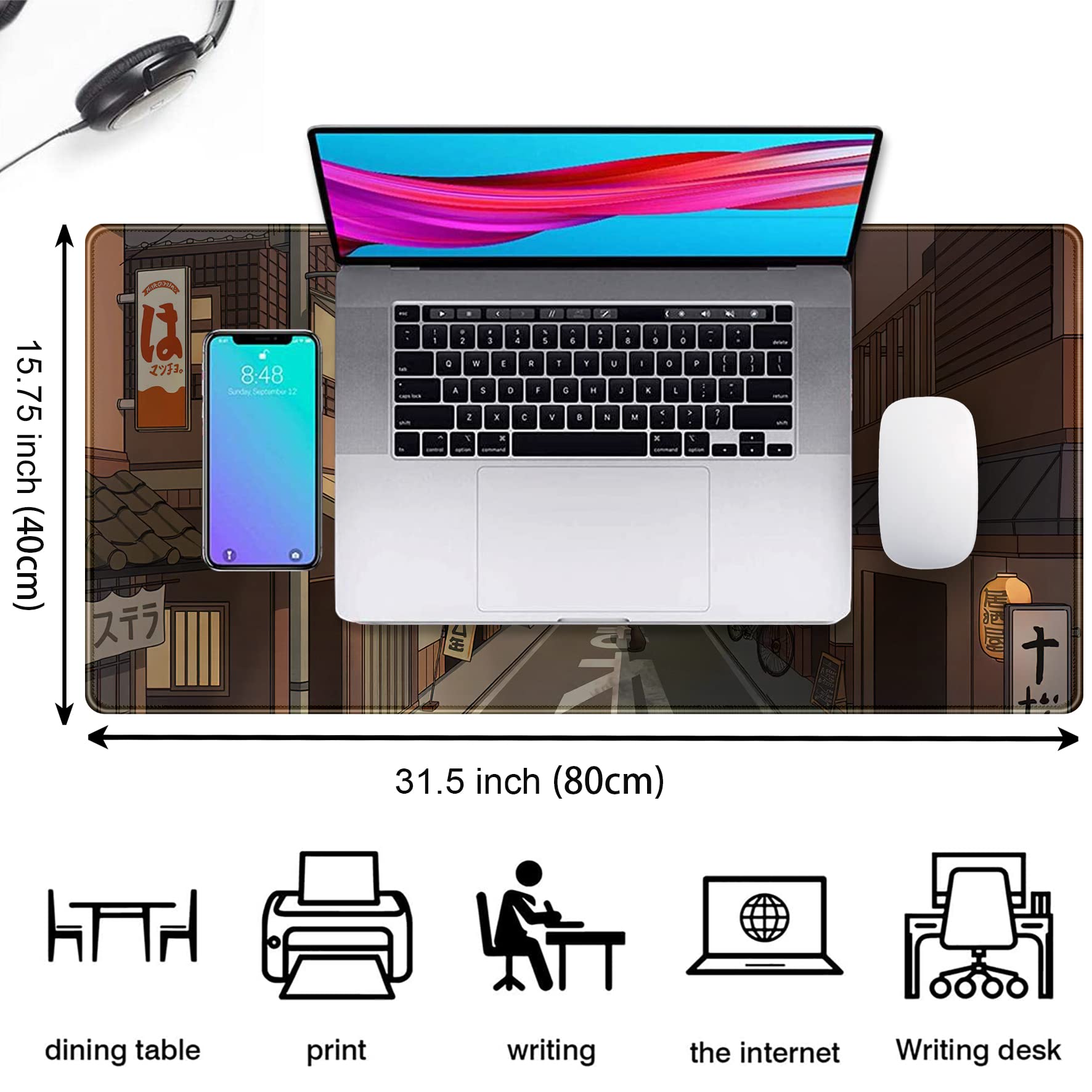 Tokyo Street at Night Kawaii Anime Gaming Mousepad & Keyboard Mat - XXL 31.5''x15.7'' for PC, Laptop, Office & Gaming Setup - Cute Japanese Style Desk Accessory