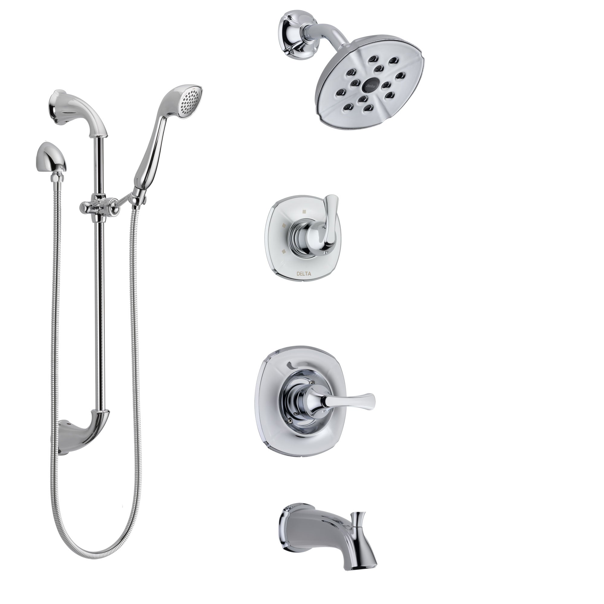 Delta Addison Chrome Finish Tub and Shower System with 3-Setting Diverter, Showerhead & Hand Shower with Slidebar - SS144925 - Perfect for Modern Bathroom Renovations and Spa-Like Showers