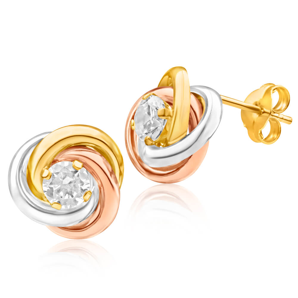 9ct Gold 3-Tone 4mm Cubic Zirconia Knot Stud Earrings for Women - Elegant Jewelry Gift for Wedding, Anniversary & Everyday Wear
