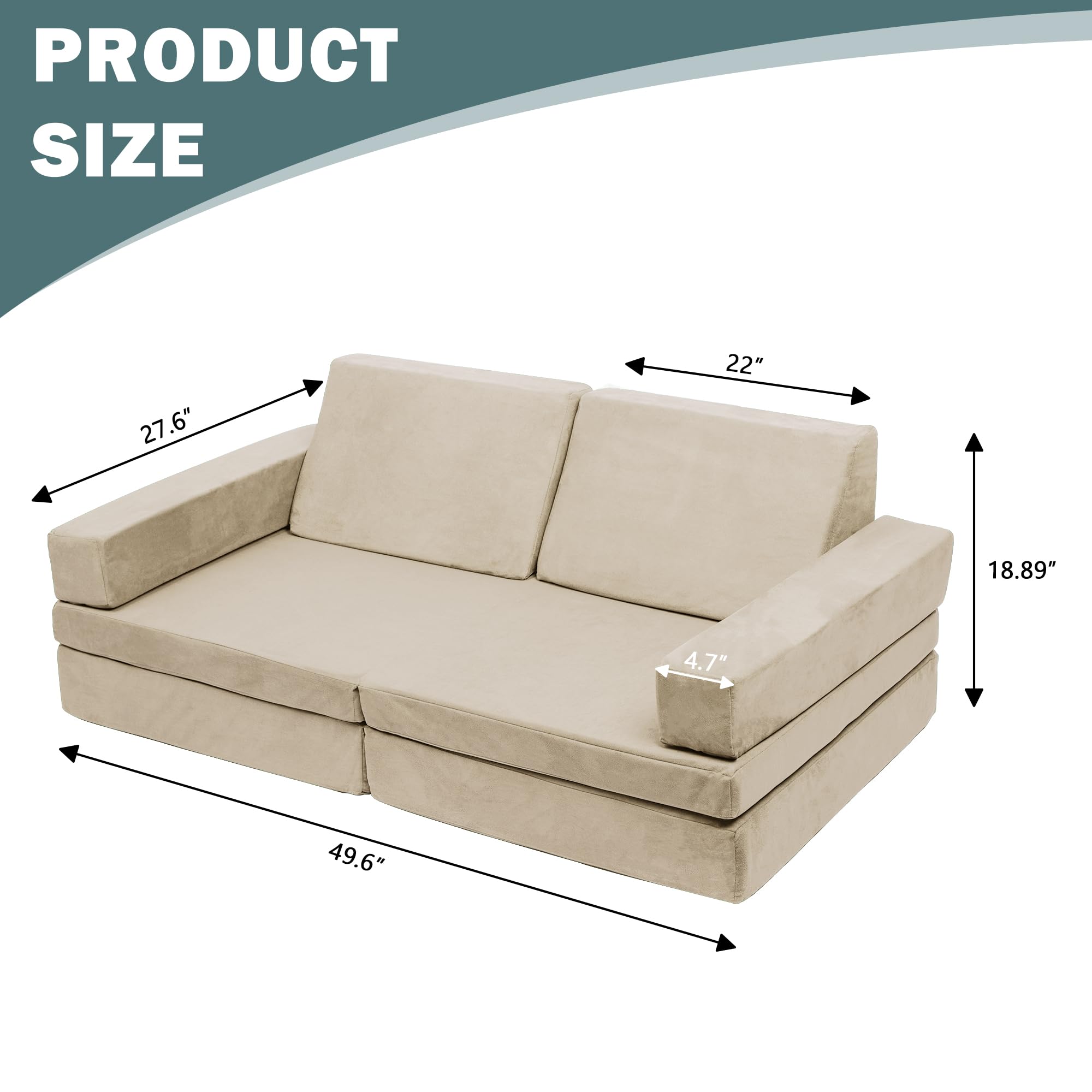 **Modular Kids Play Couch - Medium Size Convertible Foam Cushion Sofa for Boys & Girls | Square Armrest, Beige | Build Forts, Playroom Fun & Indoor Adventure**