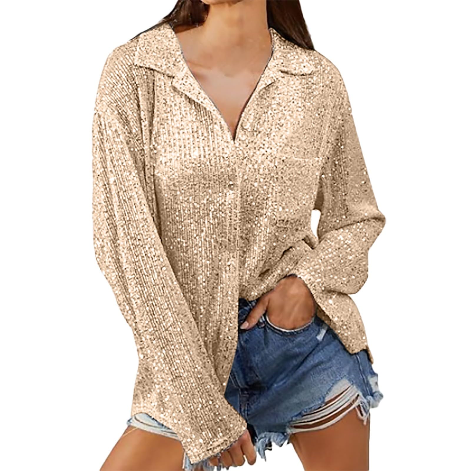 Sparkly Sequin Blouse for Women - V Neck Glitter Party Top for Evening & Holiday