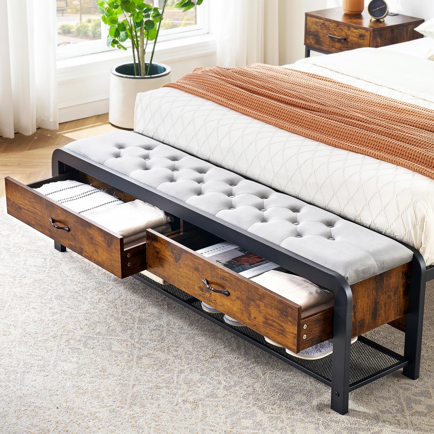 3-Piece Queen Size Bedroom Set with Wood Headboard Platform Bed Frame, Ottoman Bench & 2 Nightstands with Charging Stations & Storage Drawers - Modern Bedroom Furniture for Small Spaces & Guest Rooms