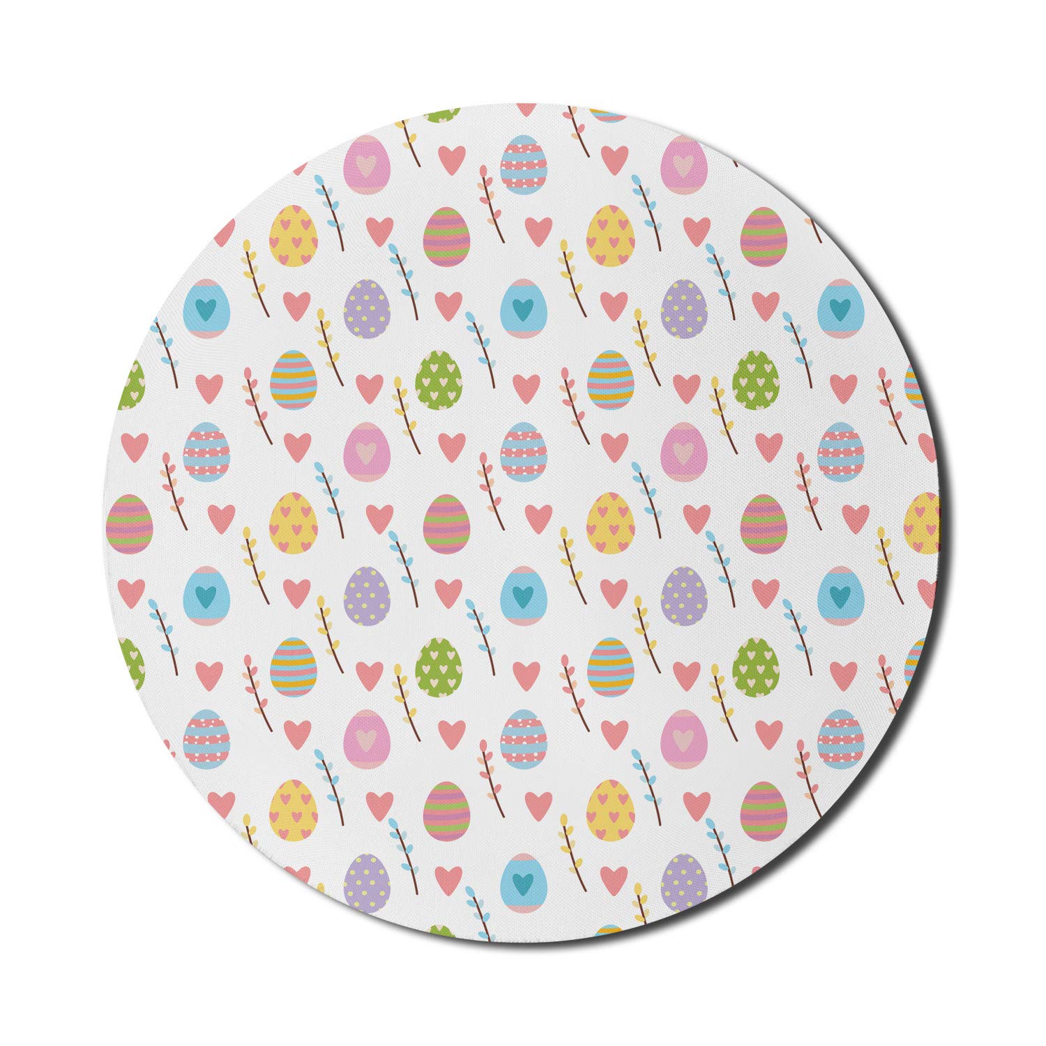 Ambesonne Easter Mouse Pad - Colorful Spring Design with Stripes, Dots, Leaves, Branches & Hearts - Non-Slip Thick Rubber Gaming Mousepad for Computer & Laptop (8 Inch Round, Multicolor) - Perfect for Easter Decor, Office Use & Gaming Setup