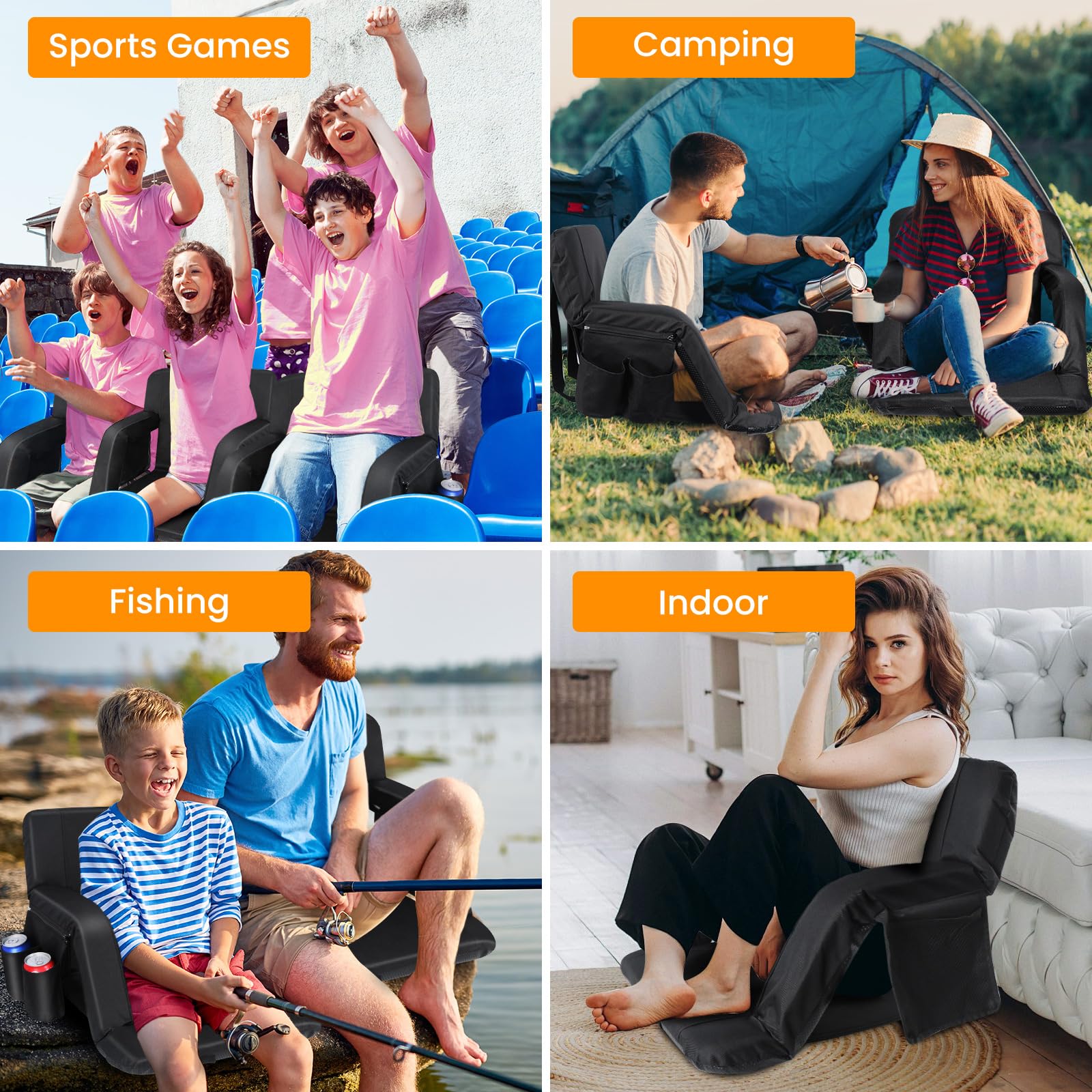 2 Pack Folding Stadium Seats with Back Support & Cushion - Wide Bleacher Chairs with 6 Reclining Positions, Armrests & Cup Holder - Perfect for Outdoor Sports, Beach, Concerts & Bleacher Events