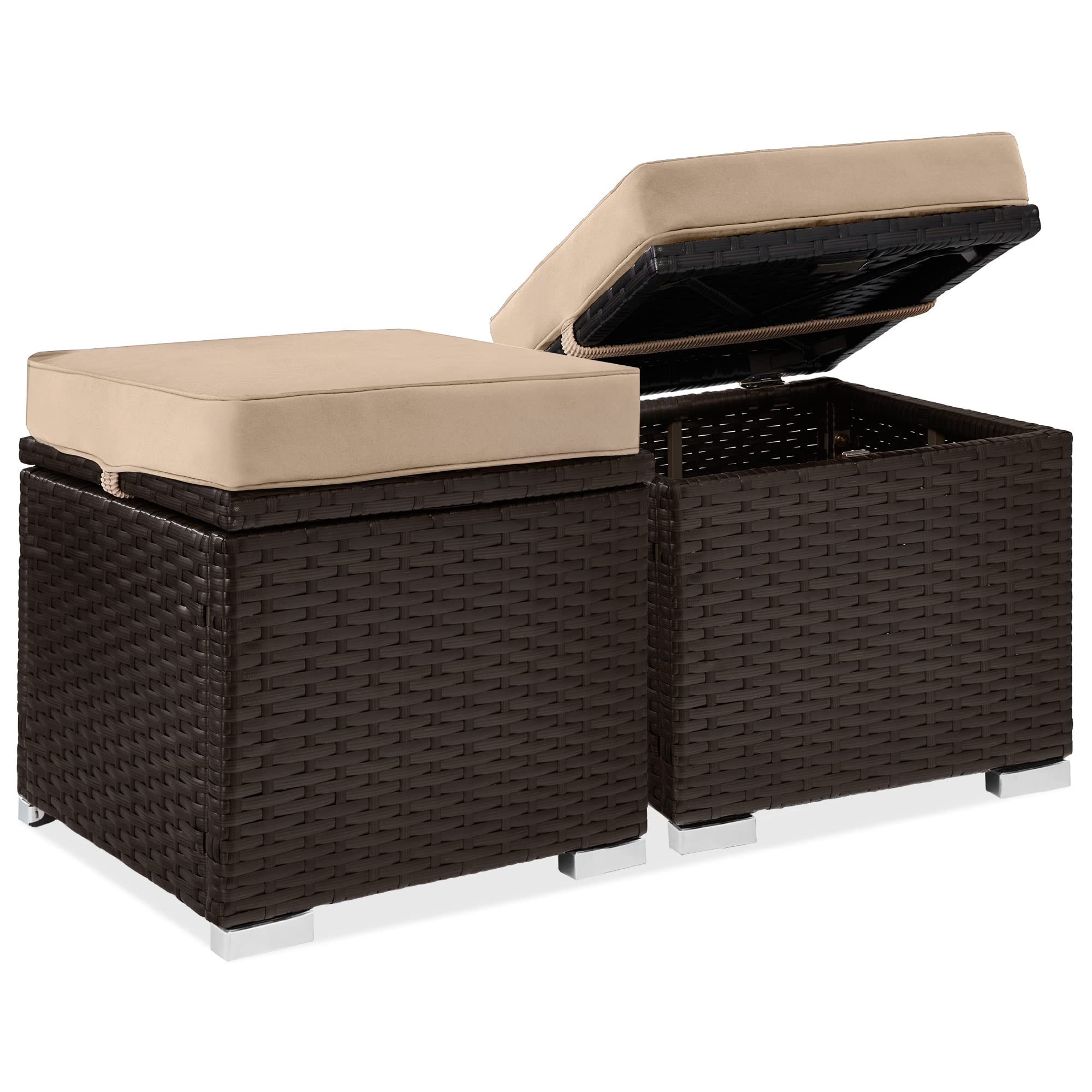 Best Choice Products Set of 2 Wicker Storage Ottomans - Multipurpose Outdoor Furniture for Patio, Backyard, Garden | Extra Seating, Footrest, Side Table with Storage & Removable Cushions - Brown/Beige | Perfect for Outdoor Lounging, Entertaining & Small Space Decor