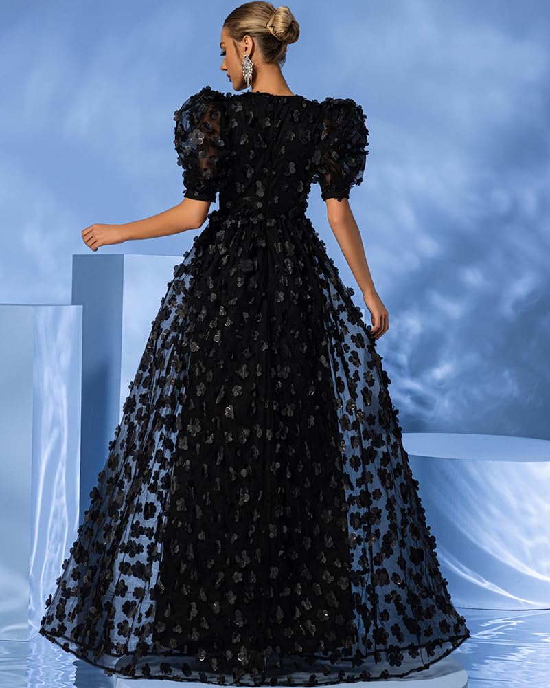 Elegant Women's Floral Tulle A-Line Prom Dress with Puffy Sleeves & V-Neck for Evening Parties, Formal Events, and Special Occasions | Perfect for Homecoming, Quinceañera, and Wedding Guest Attire