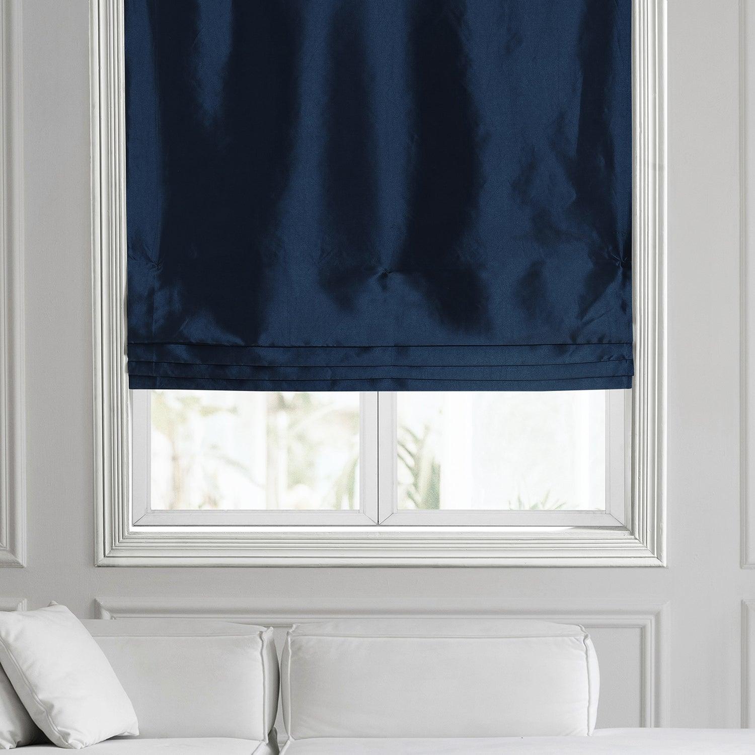 Navy Blue Solid Faux Silk Taffeta Roman Shade - Elegant Window Treatment for Living Room, Bedroom & Office