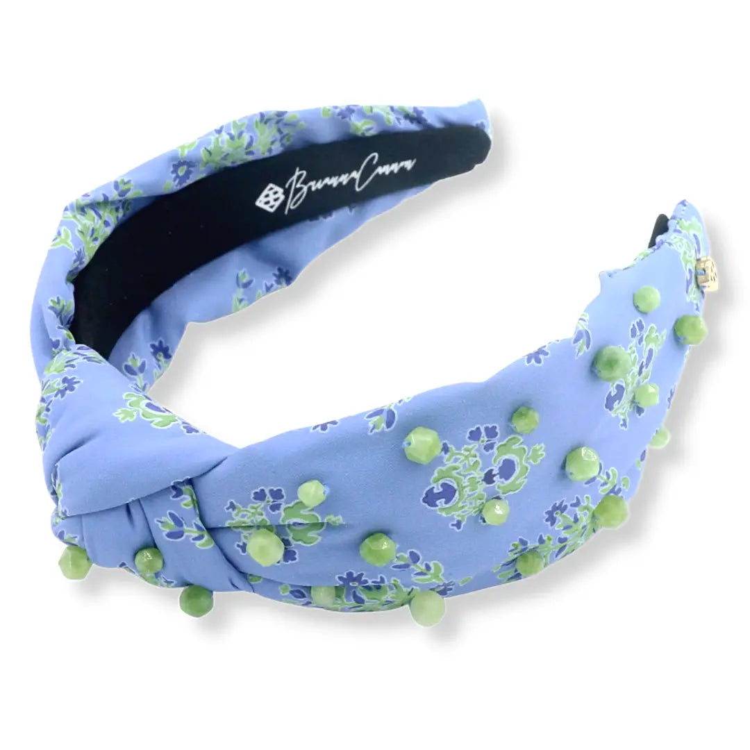 Cornflower Blue and Green Block Print Headband – Handmade Boho Hair Accessory by Brianna Cannon – Perfect for Yoga, Festivals, and Everyday Wear
