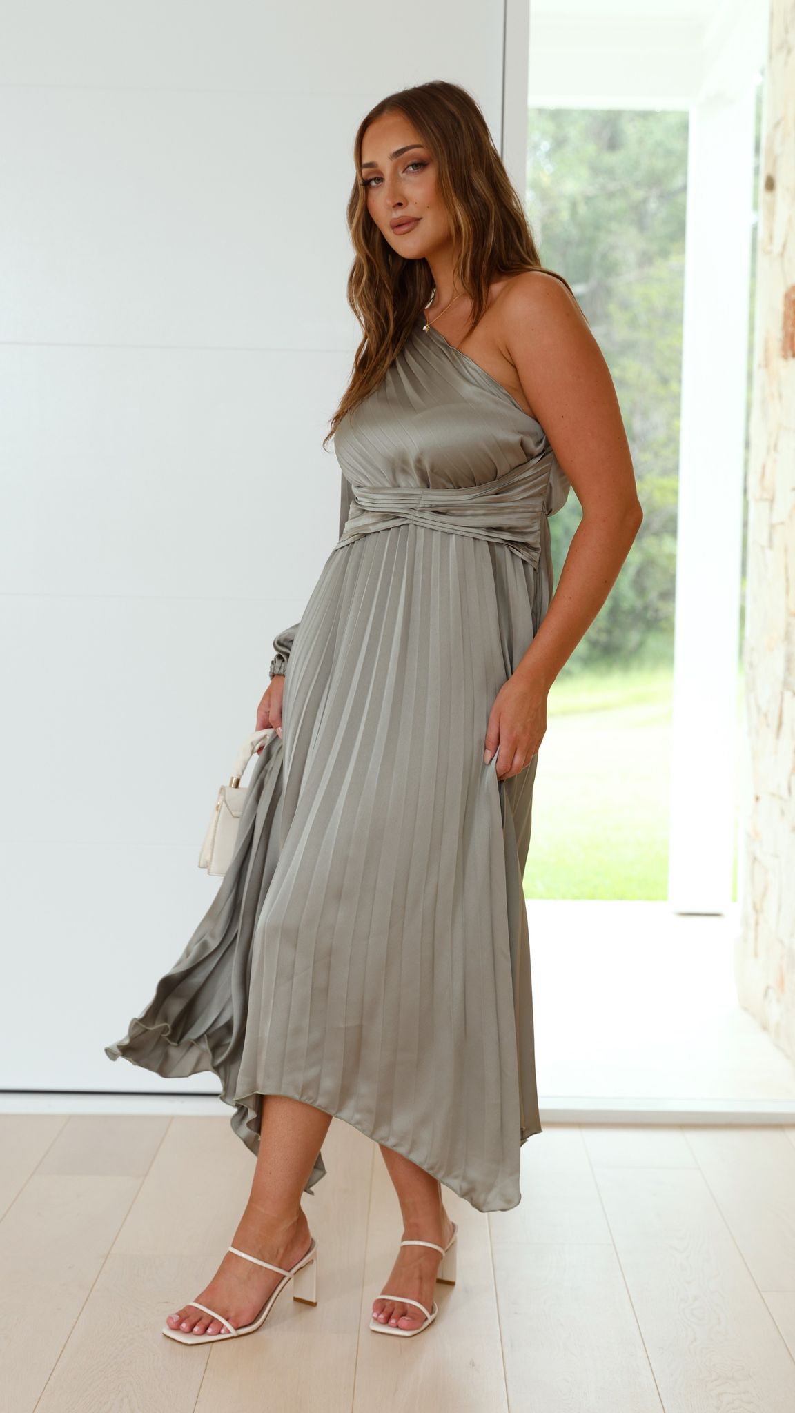 Brooklyn One Shoulder Midi Dress in Olive - Elegant Women's Summer Cocktail Party & Wedding Guest Dress