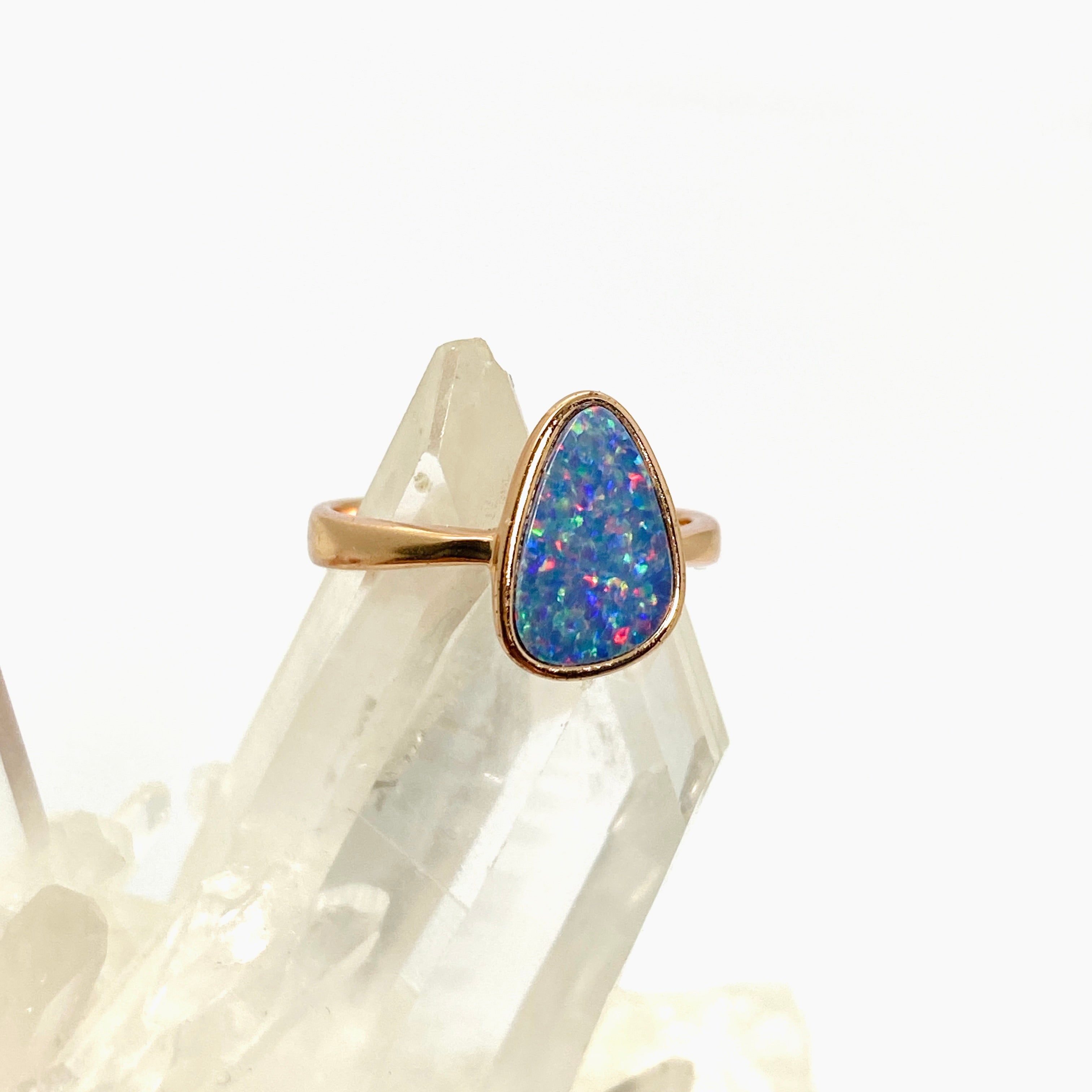 Opal Doublet Coober Pedy Freeform Cabochon Rose Gold Plated Ring Size 6.75 - Australian Opal Jewelry for Women, Elegant Gift for Birthday, Anniversary & Special Occasions