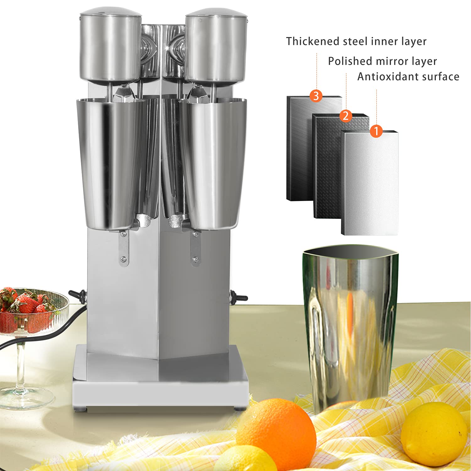 Commercial Stainless Steel Milkshake Maker Machine - Dual Head Electric Blender with 2 Speeds (110V 180W) for Shakes, Smoothies & Frozen Drinks - Perfect for Restaurants, Cafes & Ice Cream Shops