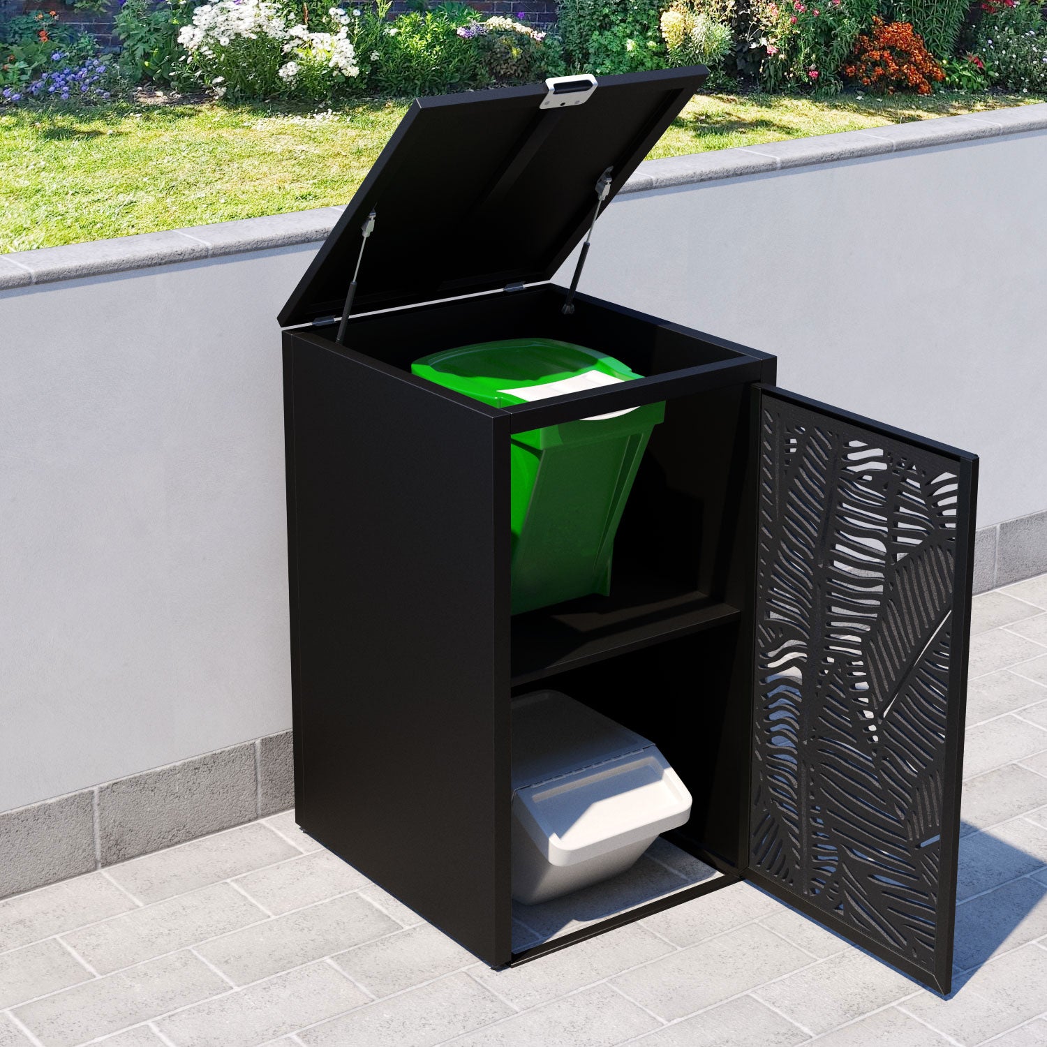 Black 2 Bin Storage Cabinet with Feather Door Screen - Perfect for Kitchen, Bathroom, or Laundry Room Organization