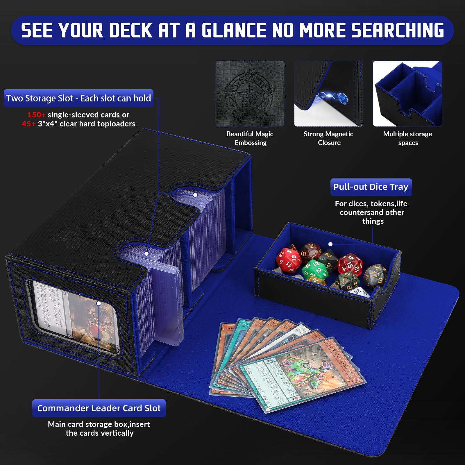 Premium MTG Deck Box for Commander - Magic the Gathering Card Storage with Dice Tray, 2 Dividers & 35PT Magnetic Holder - Holds 200+ Sleeved Cards (Black & Blue) - Perfect for MTG Tournaments, Game Nights & Card Collection Organization