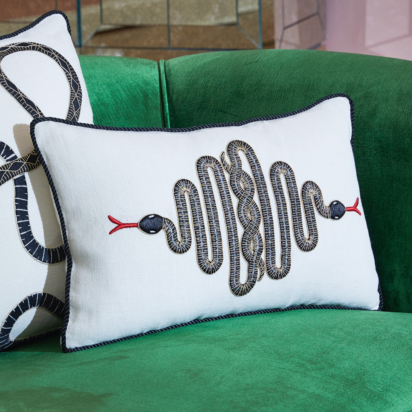 Snake Embroidered Throw Pillow Cover - Bohemian Home Decor for Couch, Bed, Sofa - Unique Snake Pattern Decorative Pillow Case for Living Room, Bedroom, Dorm