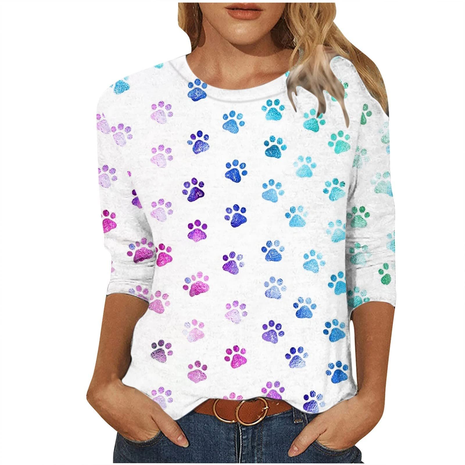 Women's Floral Print Round Neck T-Shirt - 3/4 Sleeve Summer Blouse for Casual Wear, Work & Outings | Breathable Cotton Top in White with Stylish Flower Design