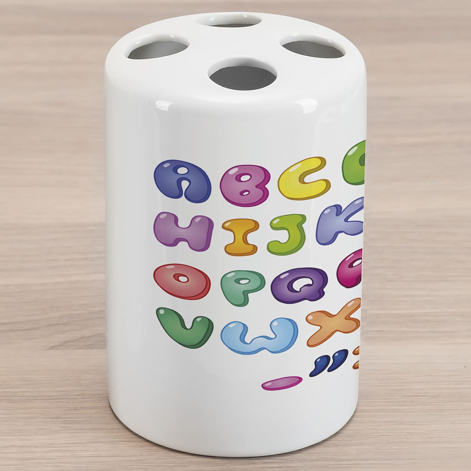 Ambesonne Alphabet Ceramic Toothbrush Holder - 3D Bubble Shaped Colorful Letters Design, Comic Style Bathroom Organizer (4.5