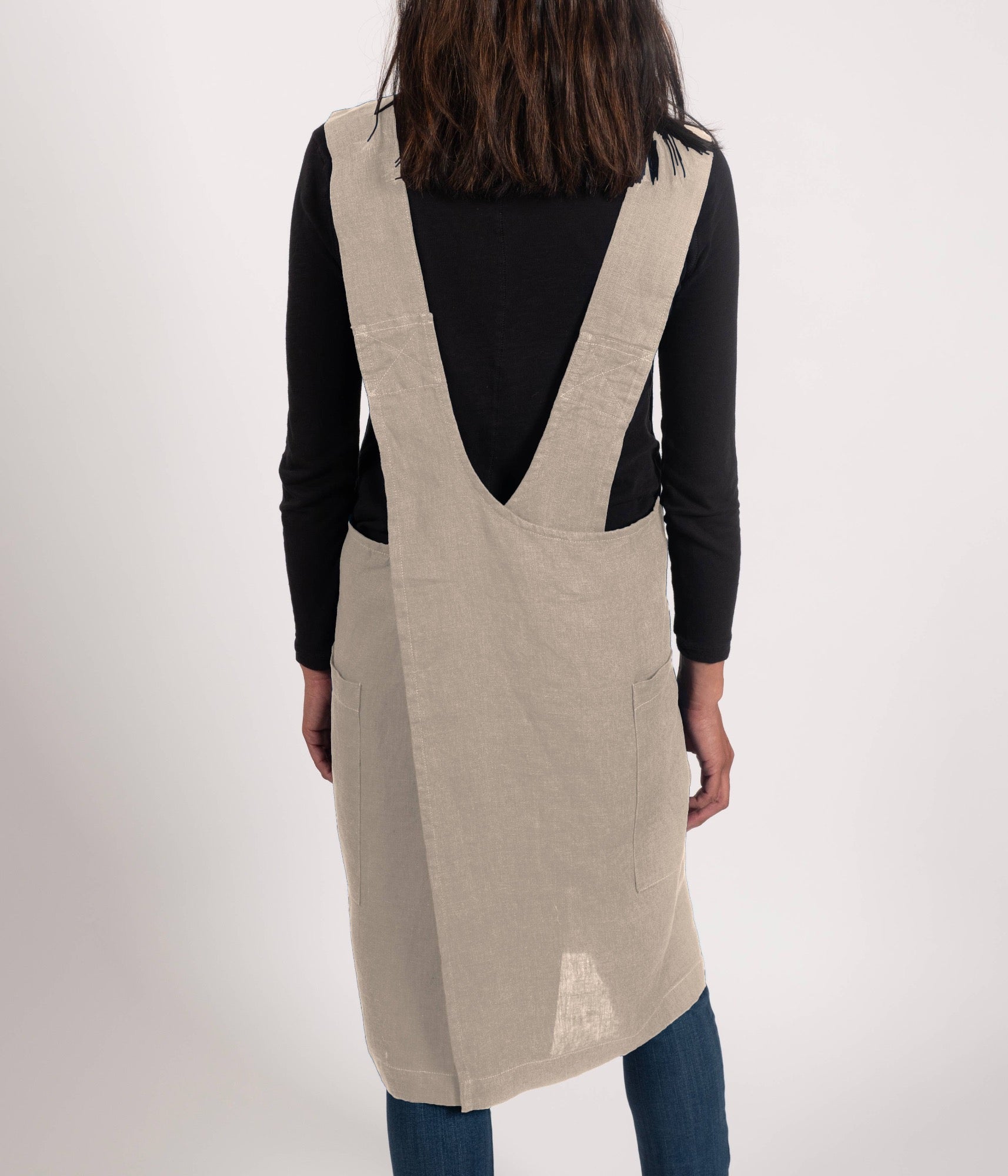 Stone Washed Linen Cross Back Smock Apron - Vintage Style Kitchen Apron for Cooking, Baking & Gardening - Adjustable Ties & Roomy Pockets